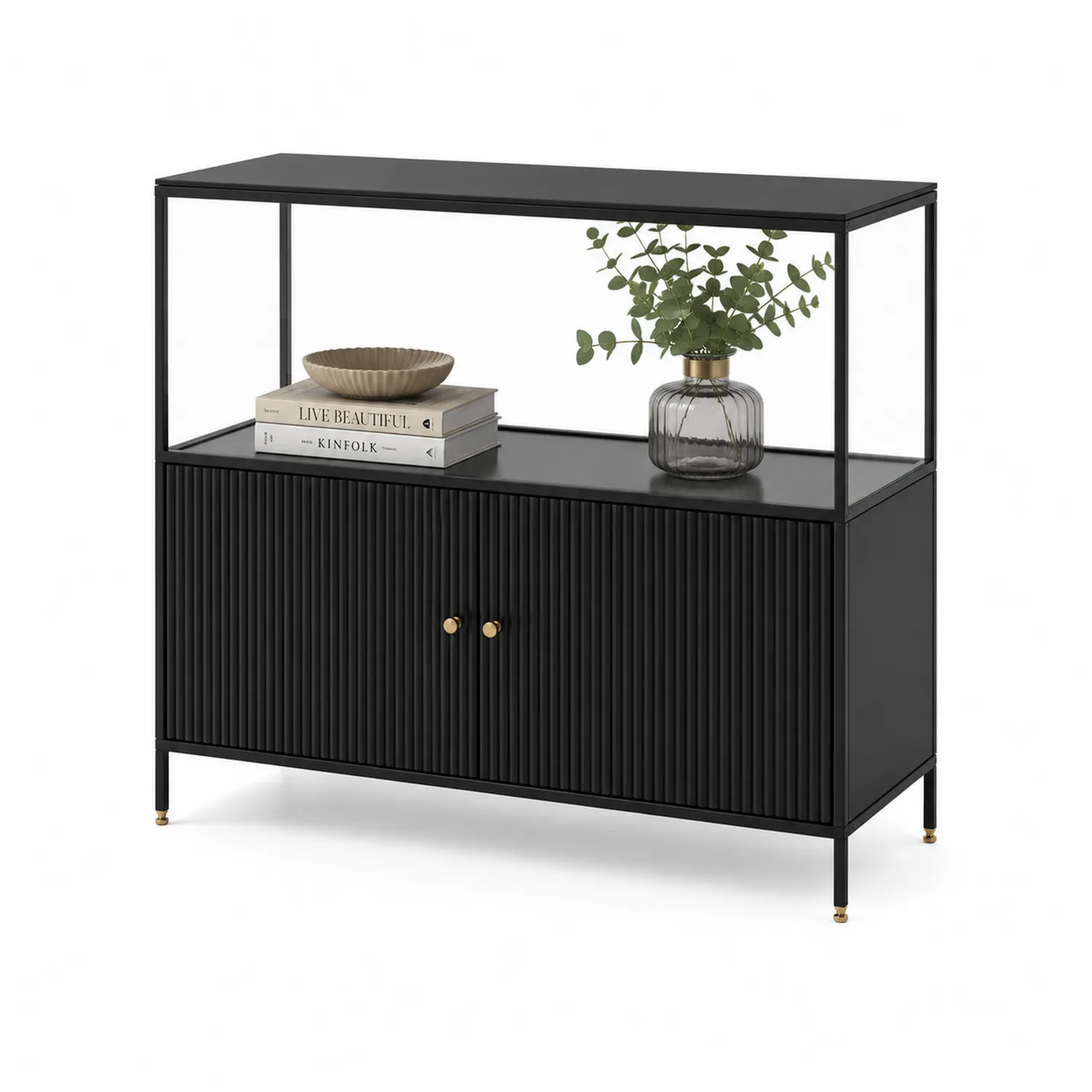 Schwarze Kommode aus Holz und Metall mit Regal 80x35x90cm-Belleatelierco