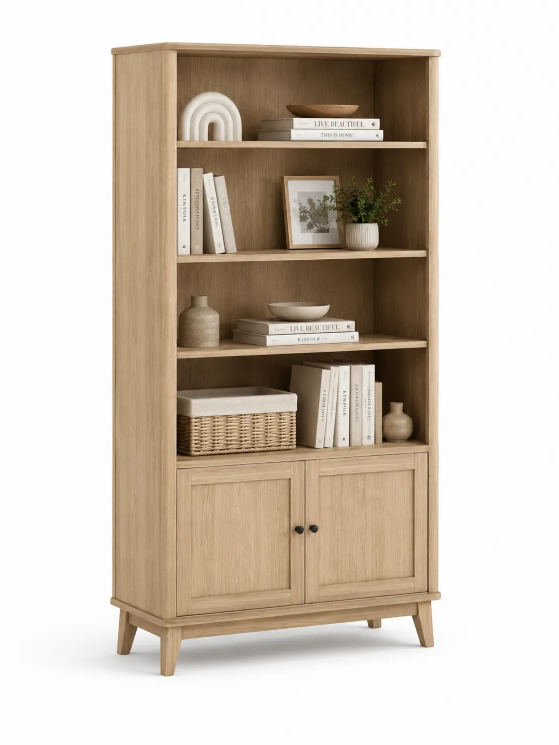 Eichenholz Bücherregal mit 4 Böden und 2 Türen-Belleatelierco