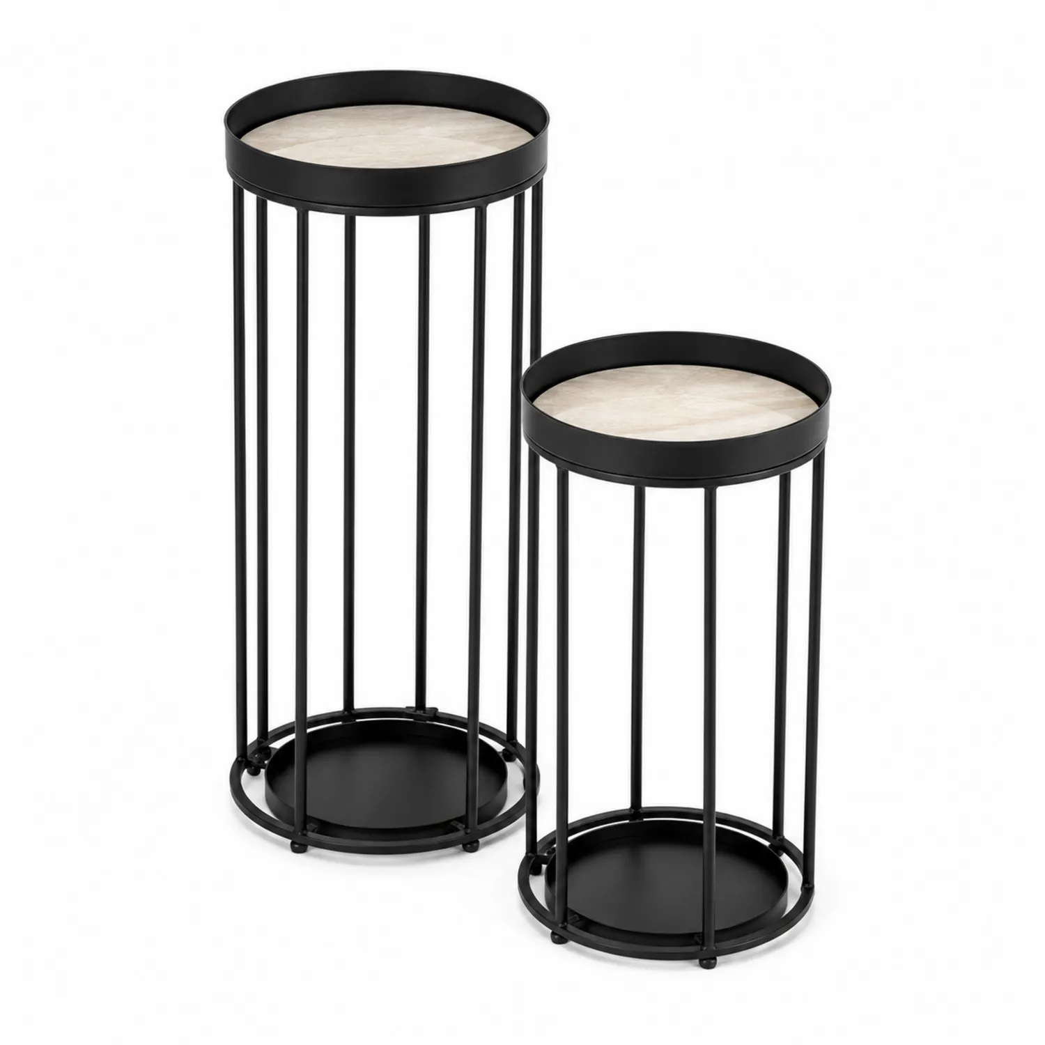 Runder Pflanzenständer Set aus Metall und MDF Schwarz/Natur-Belleatelierco
