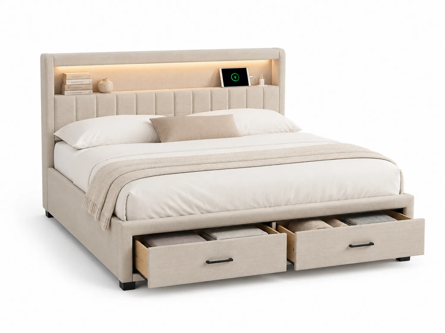 Polsterbett mit Schubladen Beige Stoff 180x200 cm mit Kopfteilbeleuchtung-Belleatelierco