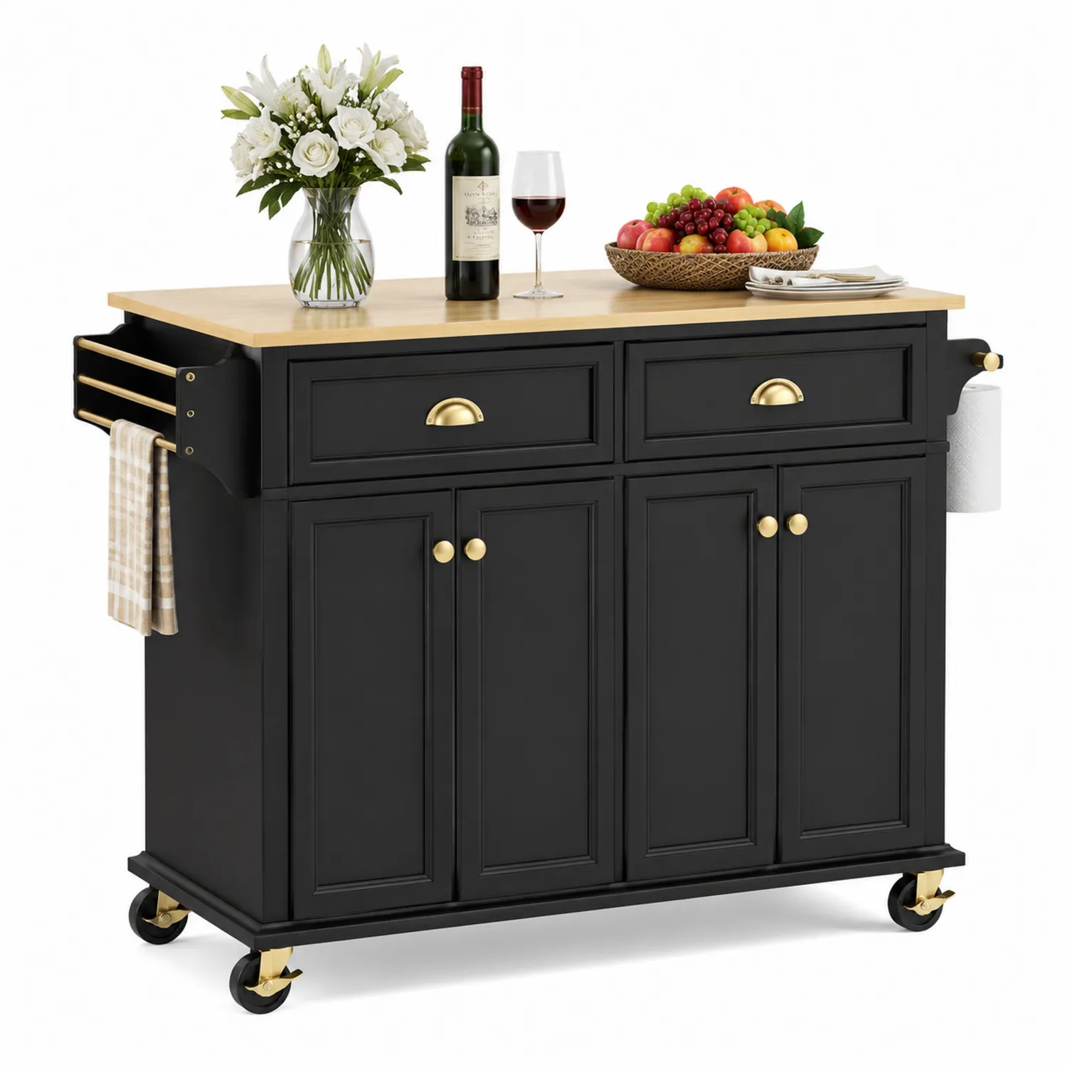 Schwarzer Küchenwagen mit Holzarbeitsplatte, 120x85x48cm-Belleatelierco