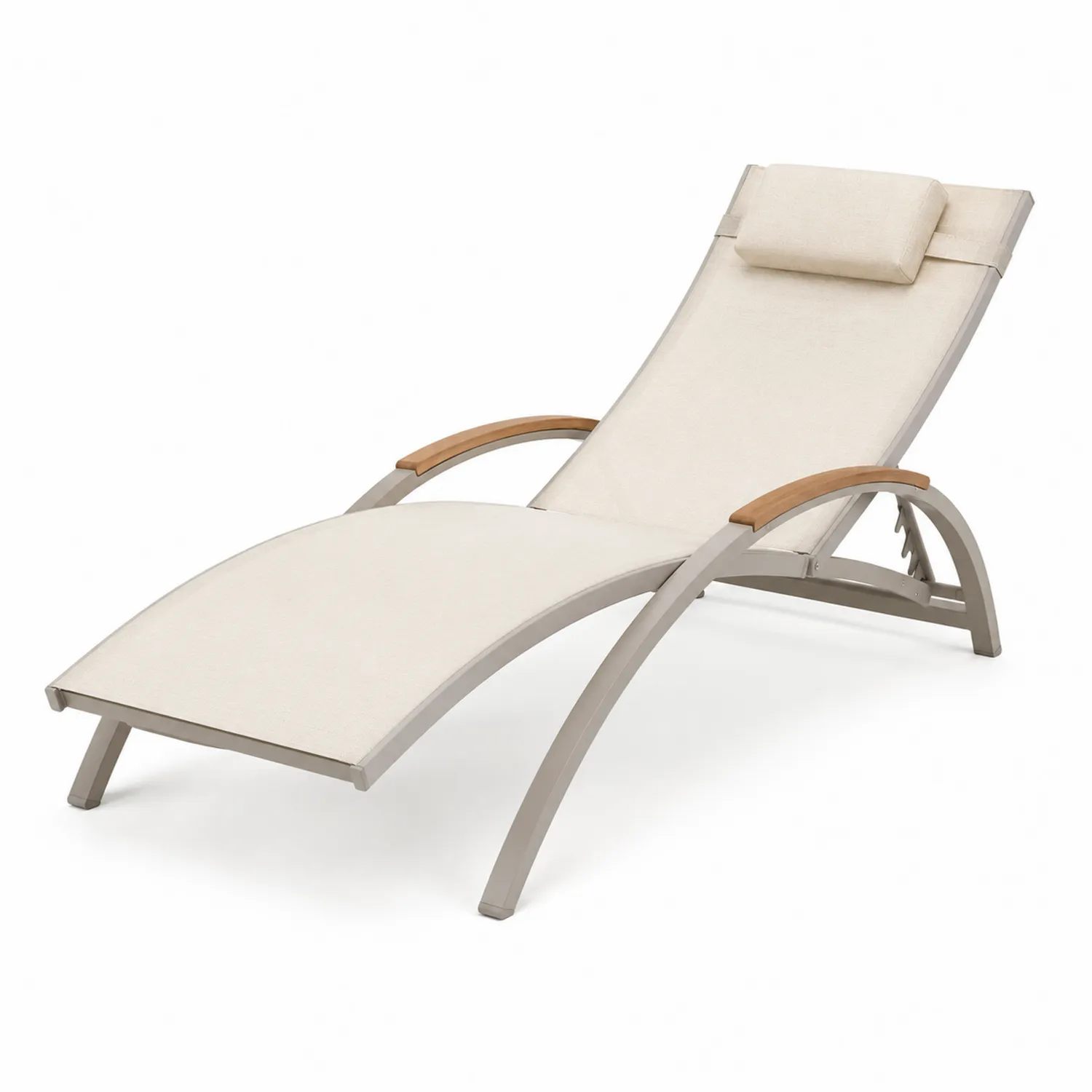 Sonnenliege Aluminium mit Textilene und Holzarmlehnen Beige-Belleatelierco