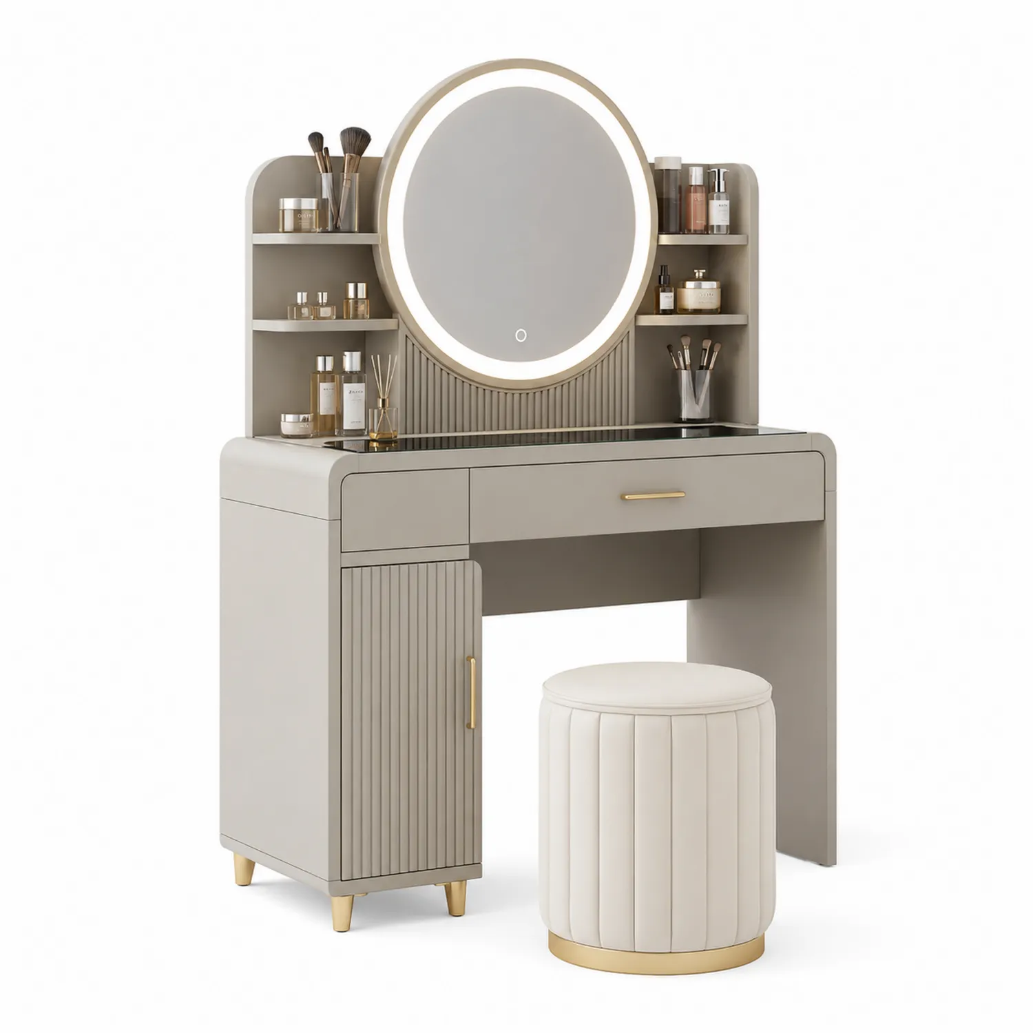 Schminktisch Set mit Spiegel und Hocker aus MDF und Glas Beige-Belleatelierco