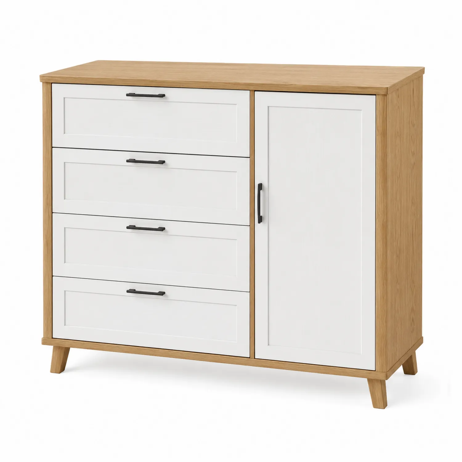 Kommode MDF Weiß Eicheoptik mit 4 Schubladen und 1 Tür 90x40x80cm-Belleatelierco