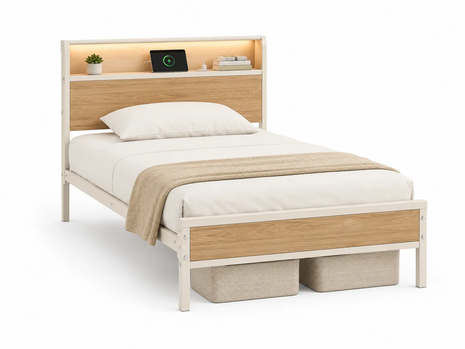 Einzelbett mit Regal im Kopfteil aus Metall Weiß Holzoptik 200x90 cm-Belleatelierco