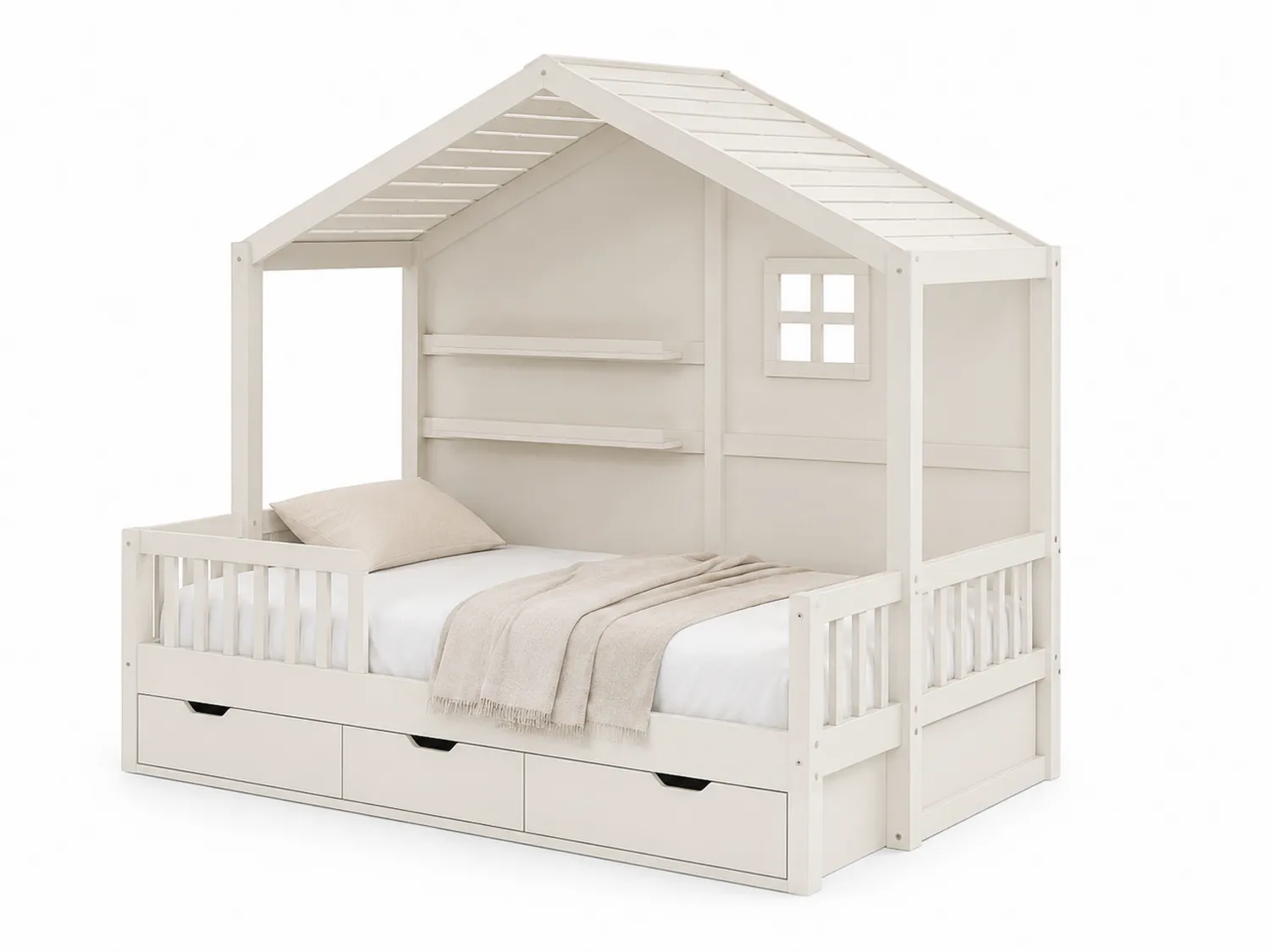 Kinderhausbett mit Stauraum Weiß Kiefernholz-Belleatelierco