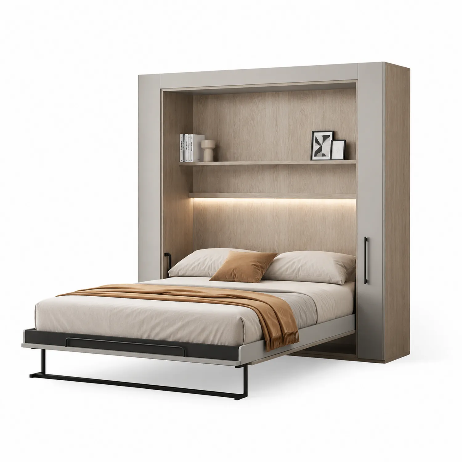 Klappbares Schrankbett aus Holz mit Regal und LED-Licht 200x160cm-Belleatelierco