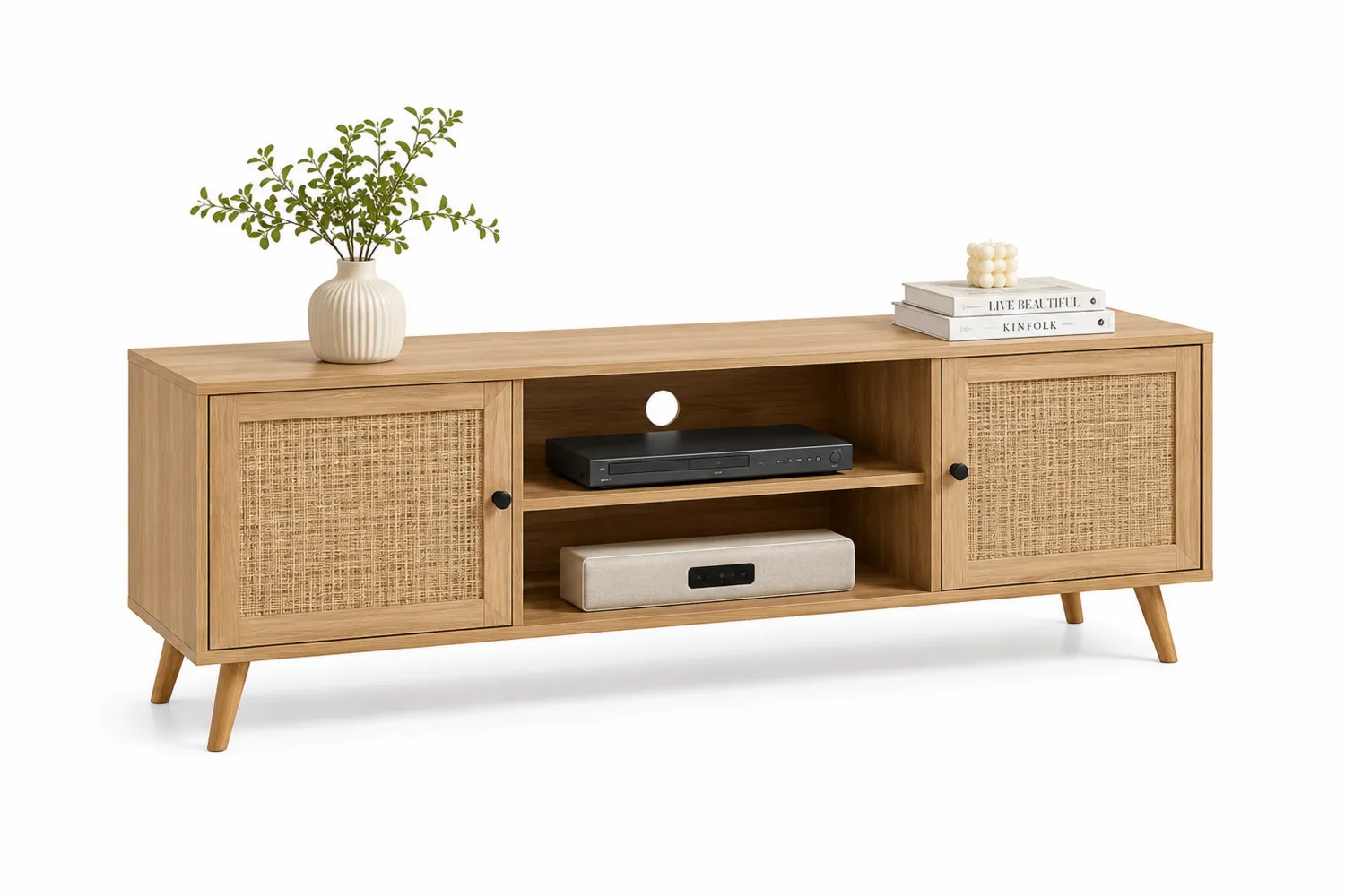TV-Schrank aus Eichenholz mit Rattan-Türen-Belleatelierco