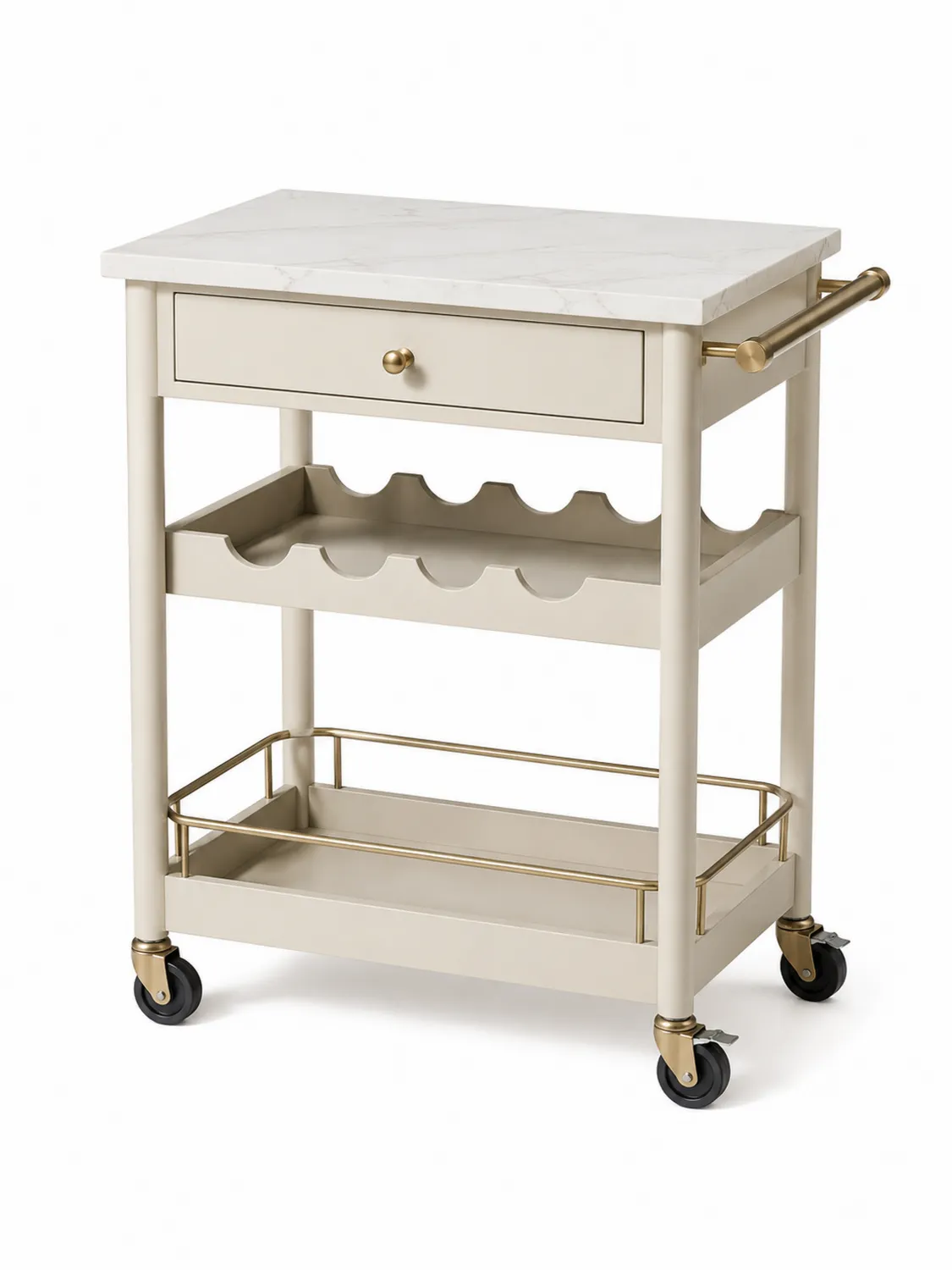 Küchenwagen mit Marmorplatte und Weinregal aus Holz Beige mit Messingakzenten-Belleatelierco
