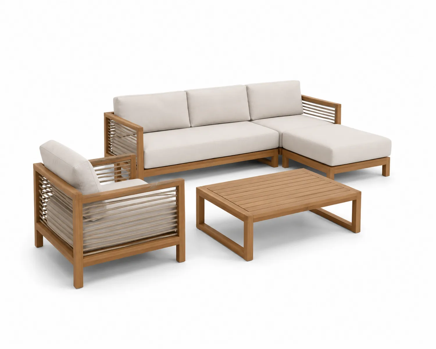 Holz Gartenmöbel Set mit Beigen Kissen-Belleatelierco
