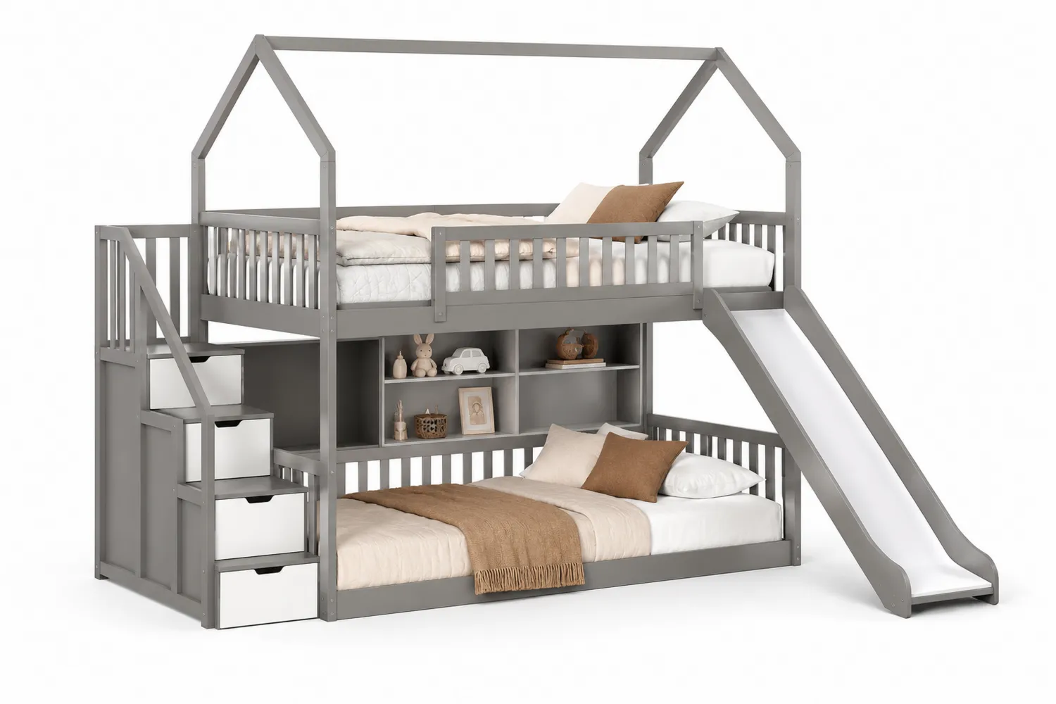 Kinder Etagenbett mit Rutsche und Treppe Kiefernholz Grau Weiß-Belleatelierco