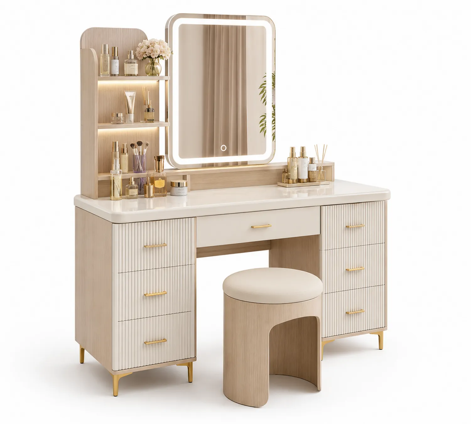 Schminktisch Set mit LED-Spiegel und Hocker aus Holz-Belleatelierco
