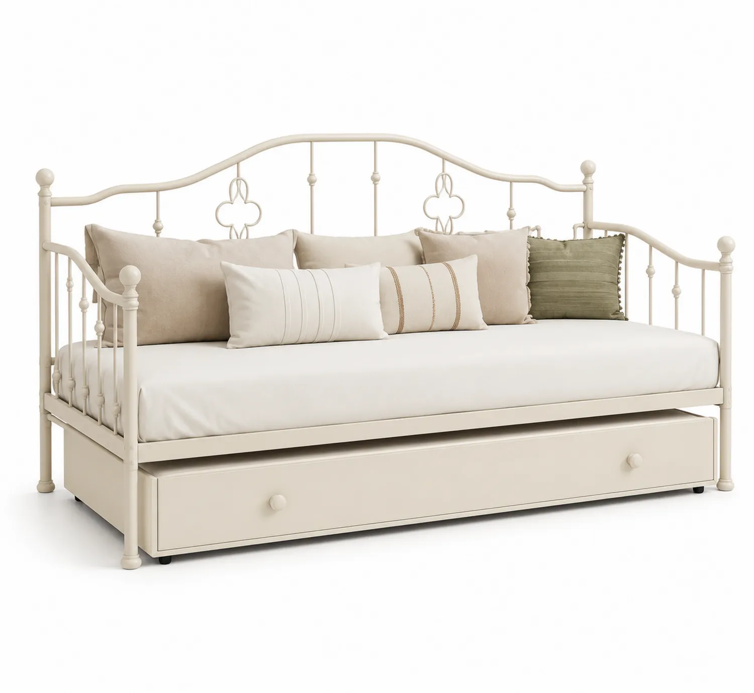 Metall Tagesbett mit Ausziehbett und Kissen Beige 200x90 cm-Belleatelierco