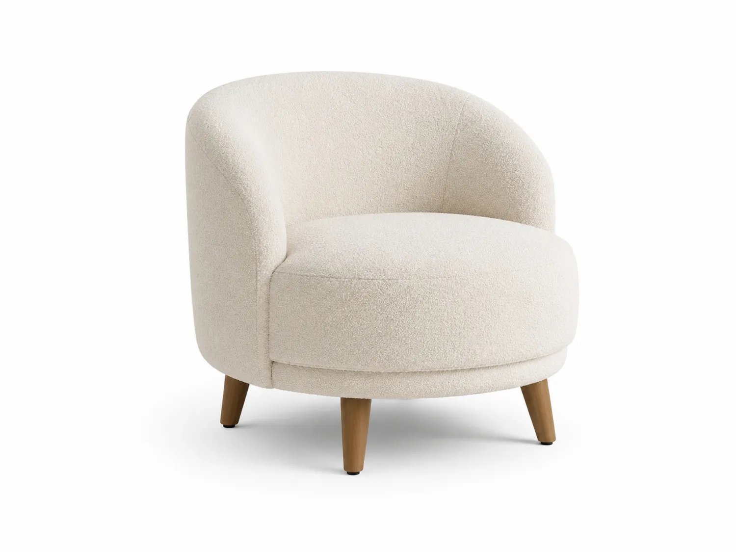 Runder Polstersessel Bouclé Cremeweiß Holzbeine H75cm B80cm T80cm-Belleatelierco