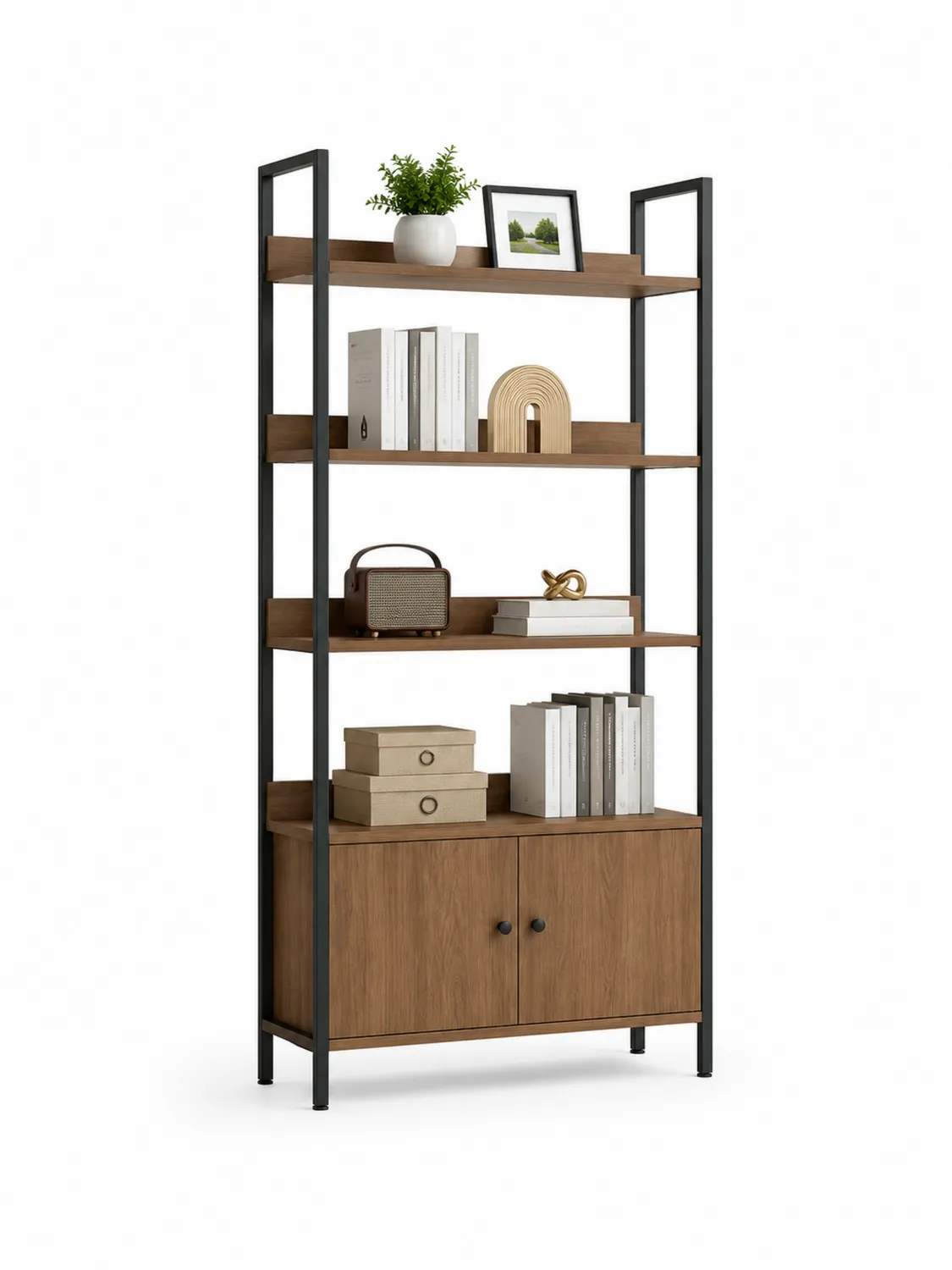 Bücherregal aus Holz und Metall mit 3 Regalböden und Schrank-Belleatelierco