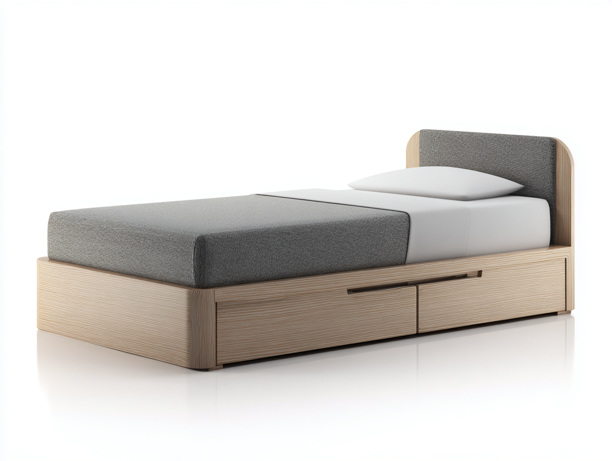 Einzelbett Holz Stoff 200x100x90 cm Natur-Grau - 2 Schubladen - Modernes Design-Cottagetyard