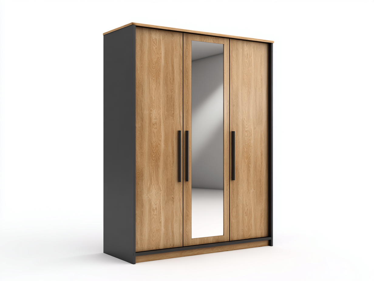 Kleiderschrank Holzoptik mit Spiegel 3 Türen 180x60x200 cm - holzfarbe-grau - modernes Design-Cottagetyard