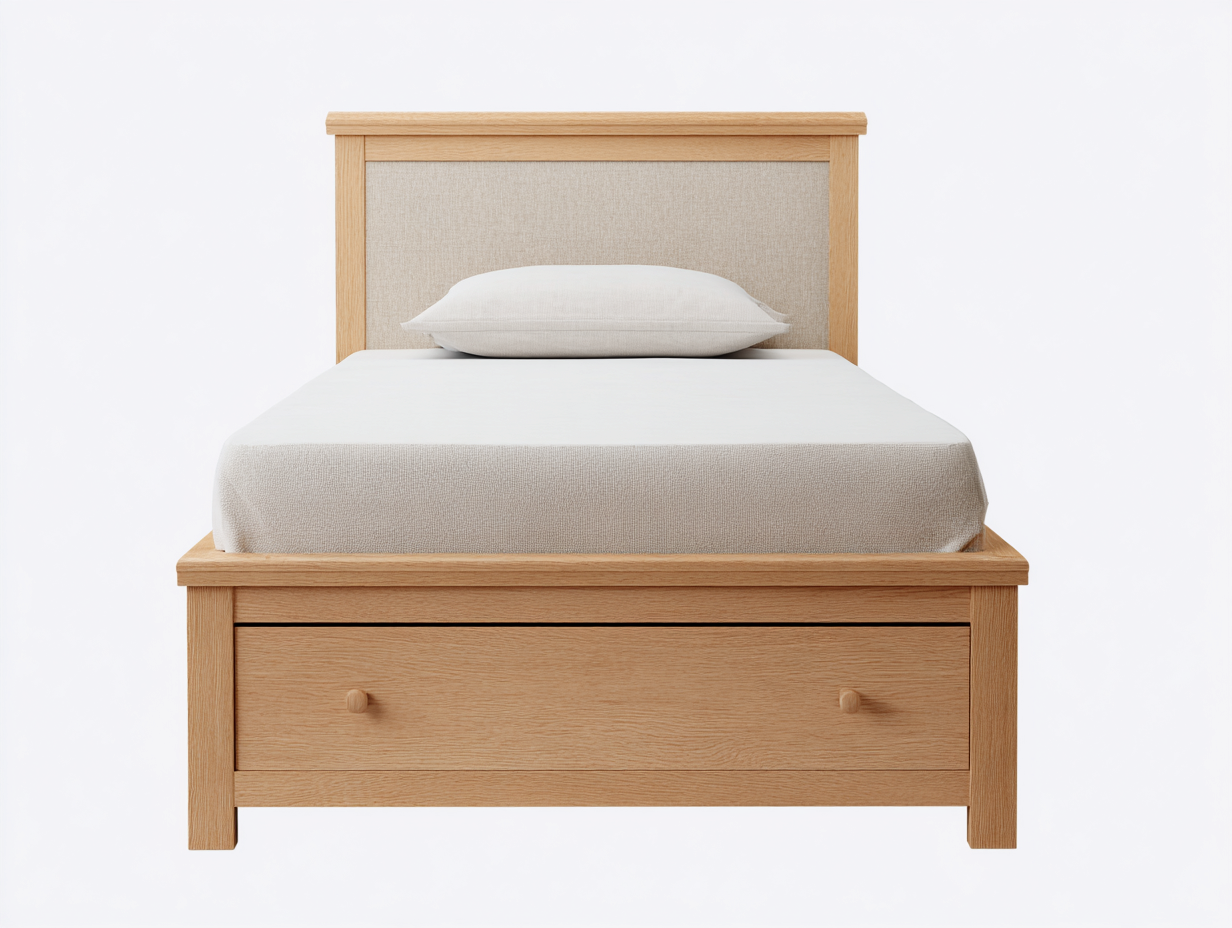 Einzelbett Holz Stoff 200x90x95 cm Natur-Beige - 1 Schublade - Modernes Design-Cottagetyard