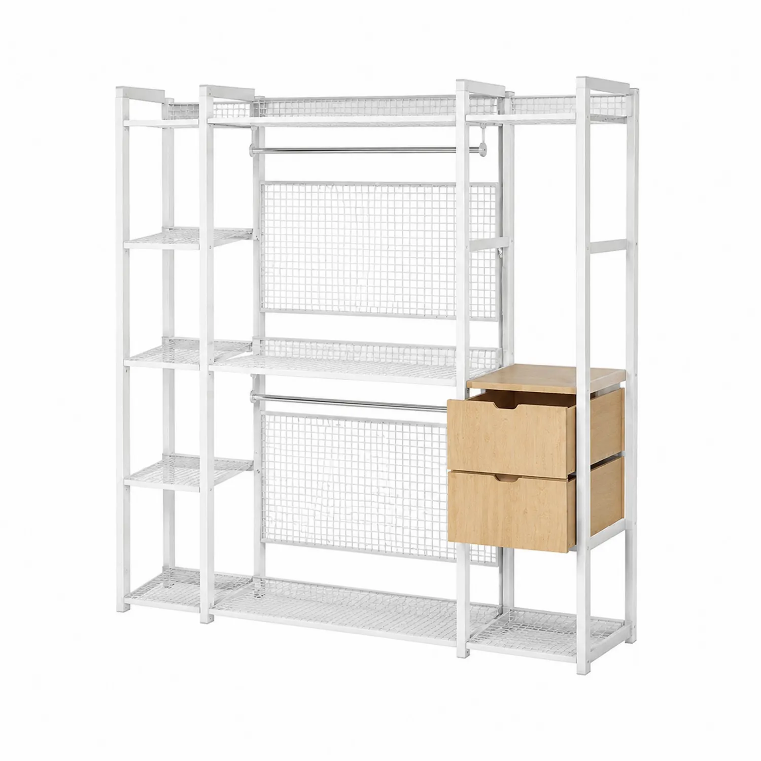 Armadio Aperto in Metallo Bianco con Cassetti in Legno-Casenvo