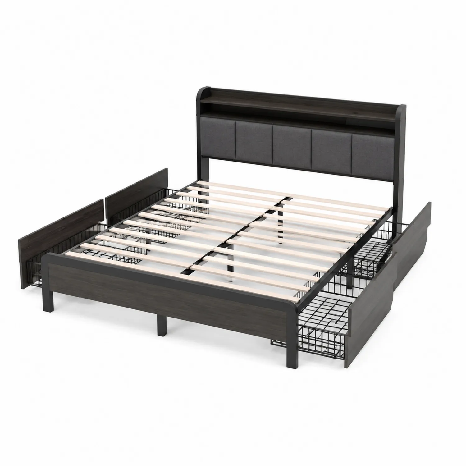 Letto matrimoniale in legno e metallo con cassetti Nero 200x160 cm-Casenvo