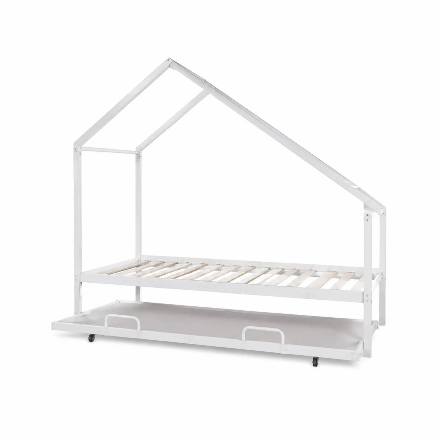 Letto a forma di casa con letto estraibile in metallo verniciato bianco 200x90 cm-Casenvo