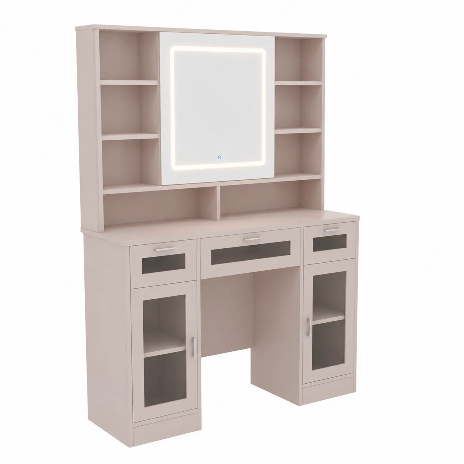 Tavolo da Toeletta in Legno con Specchio LED e Ripiani Beige-Casenvo