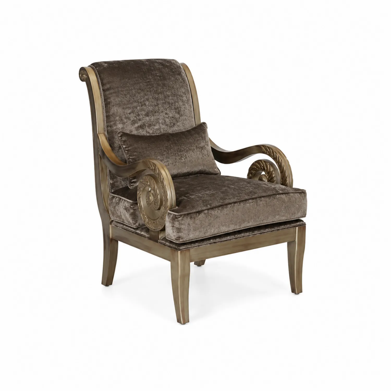 Poltrona in Velluto Marrone con Struttura in Legno Intagliato-Casenvo