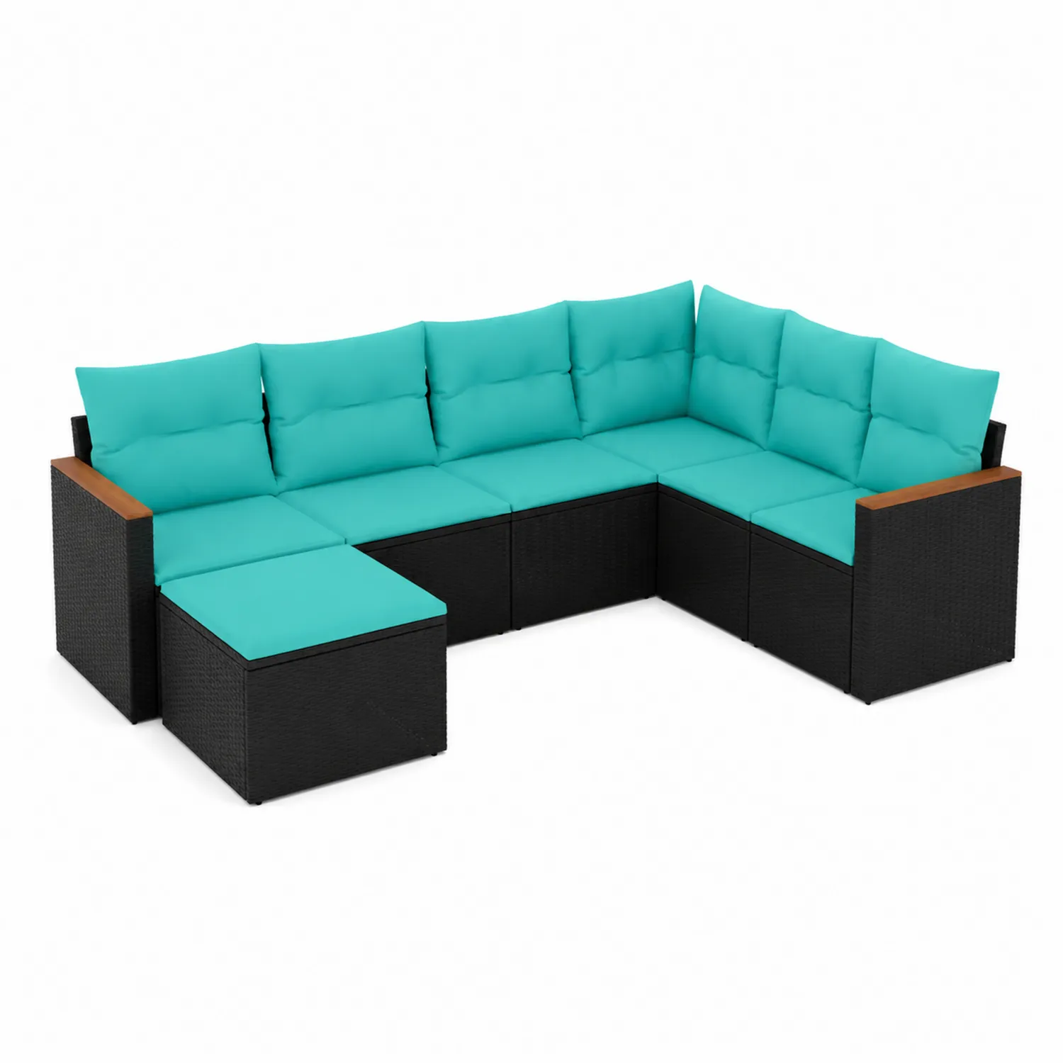 Divano modulare da giardino in rattan con cuscini azzurri-Casenvo