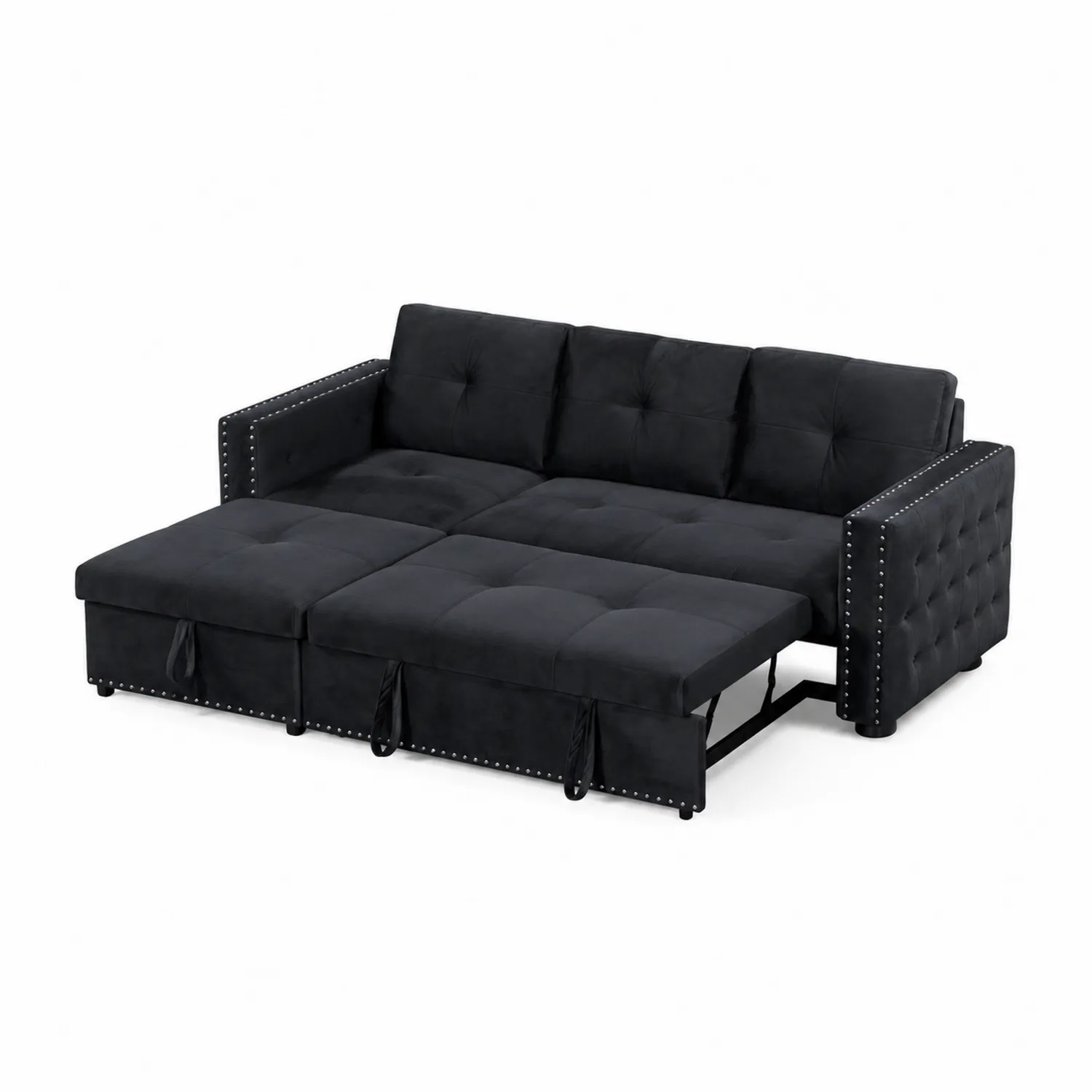 Divano Letto in Tessuto Nero con Chiodi Decorativi-Casenvo