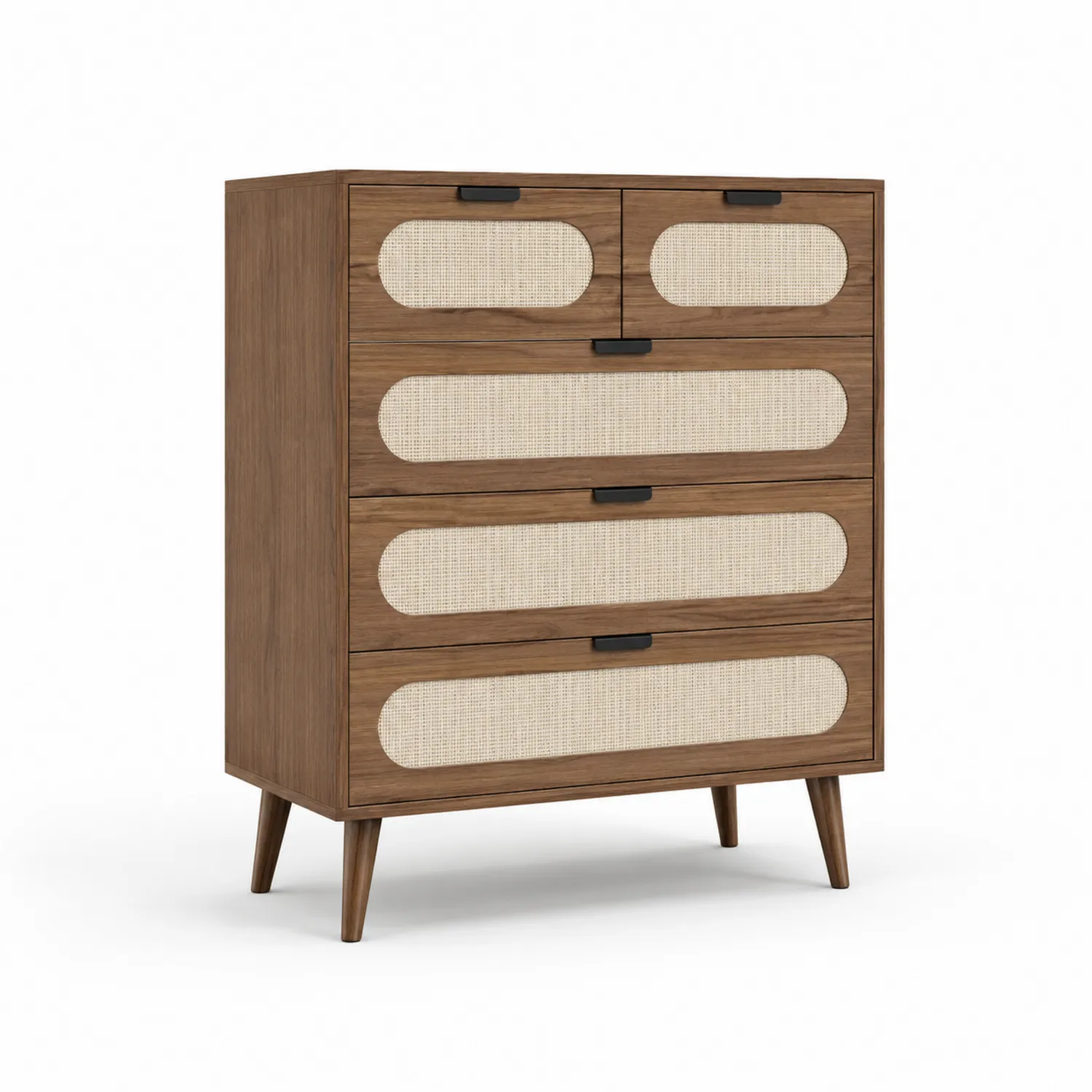 Holz Kommode mit Rattanfronten und 5 Schubladen, Nussbaum/Beige