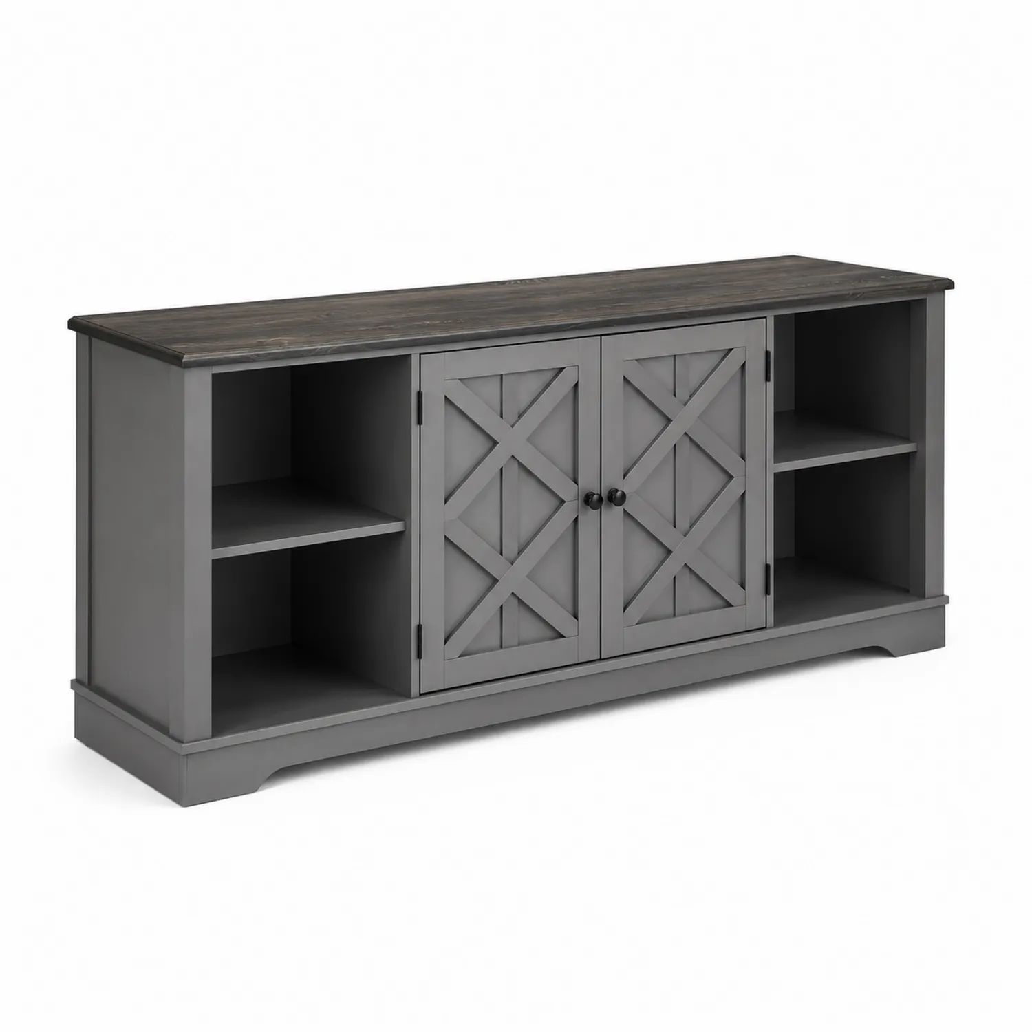 Grauer TV-Schrank aus Holzwerkstoff mit Türen und Regalen 150x40x70cm