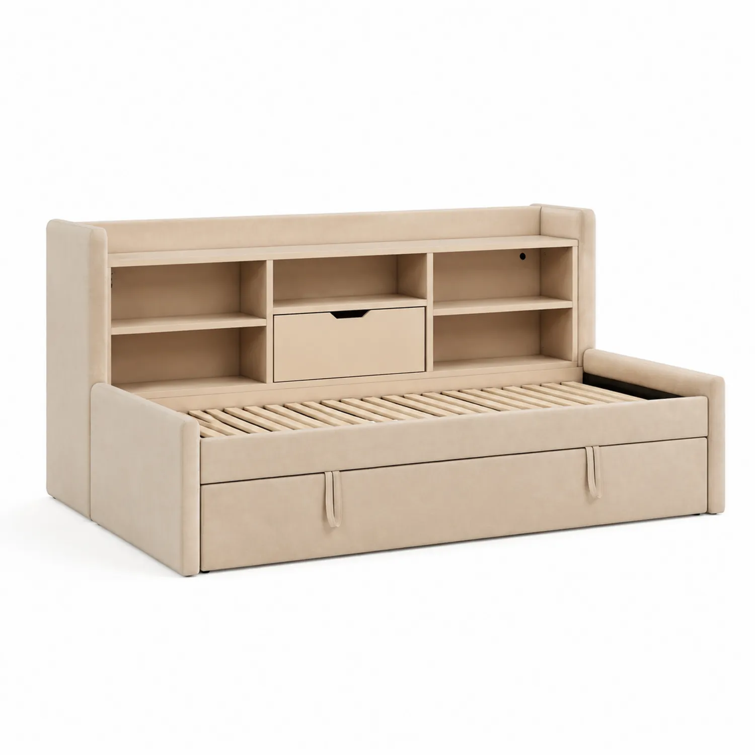 Tagesbett mit Stauraum Beige Holz Mikrofaser 200x90 cm