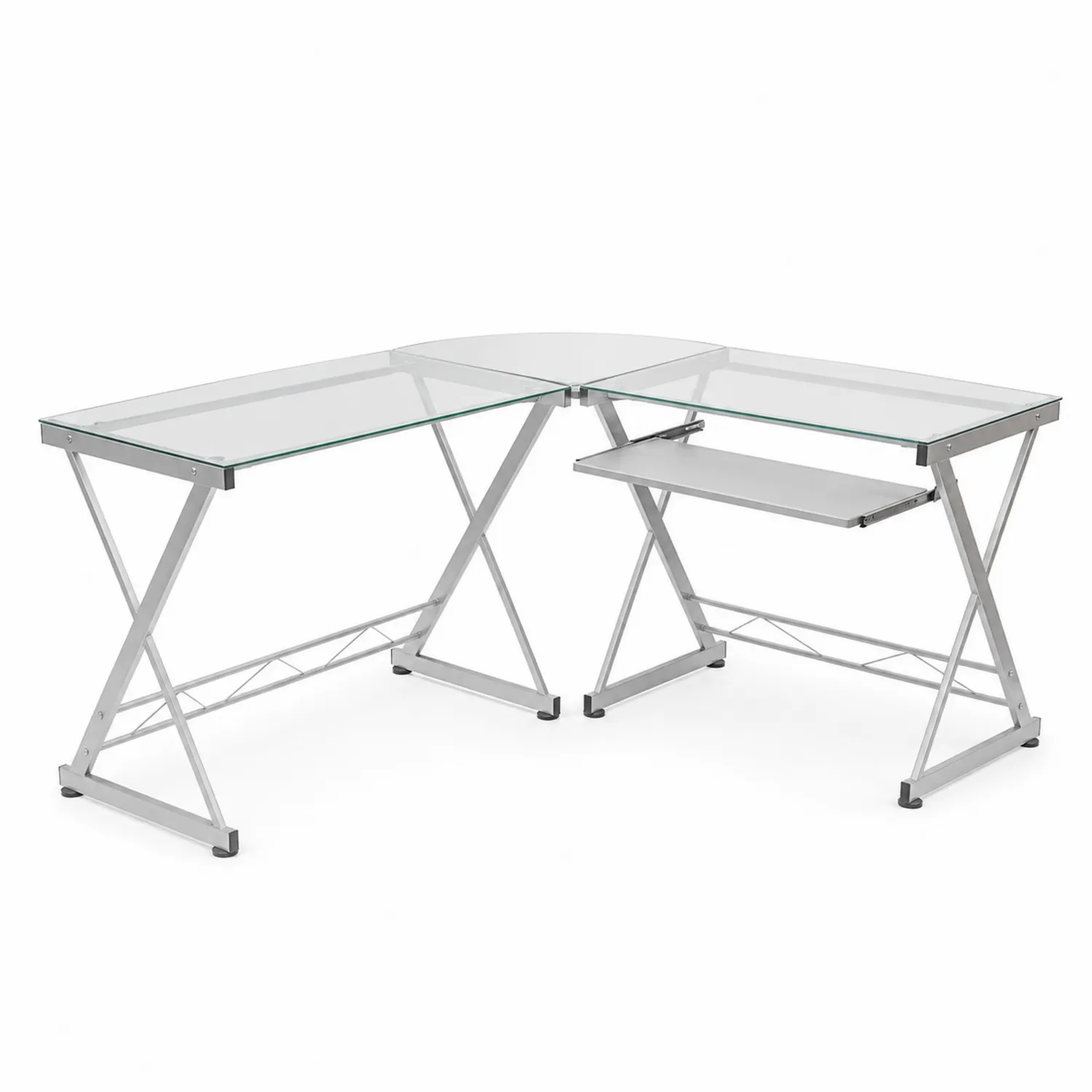 Eckschreibtisch aus Glas und Metall in L-Form mit Tastaturablage