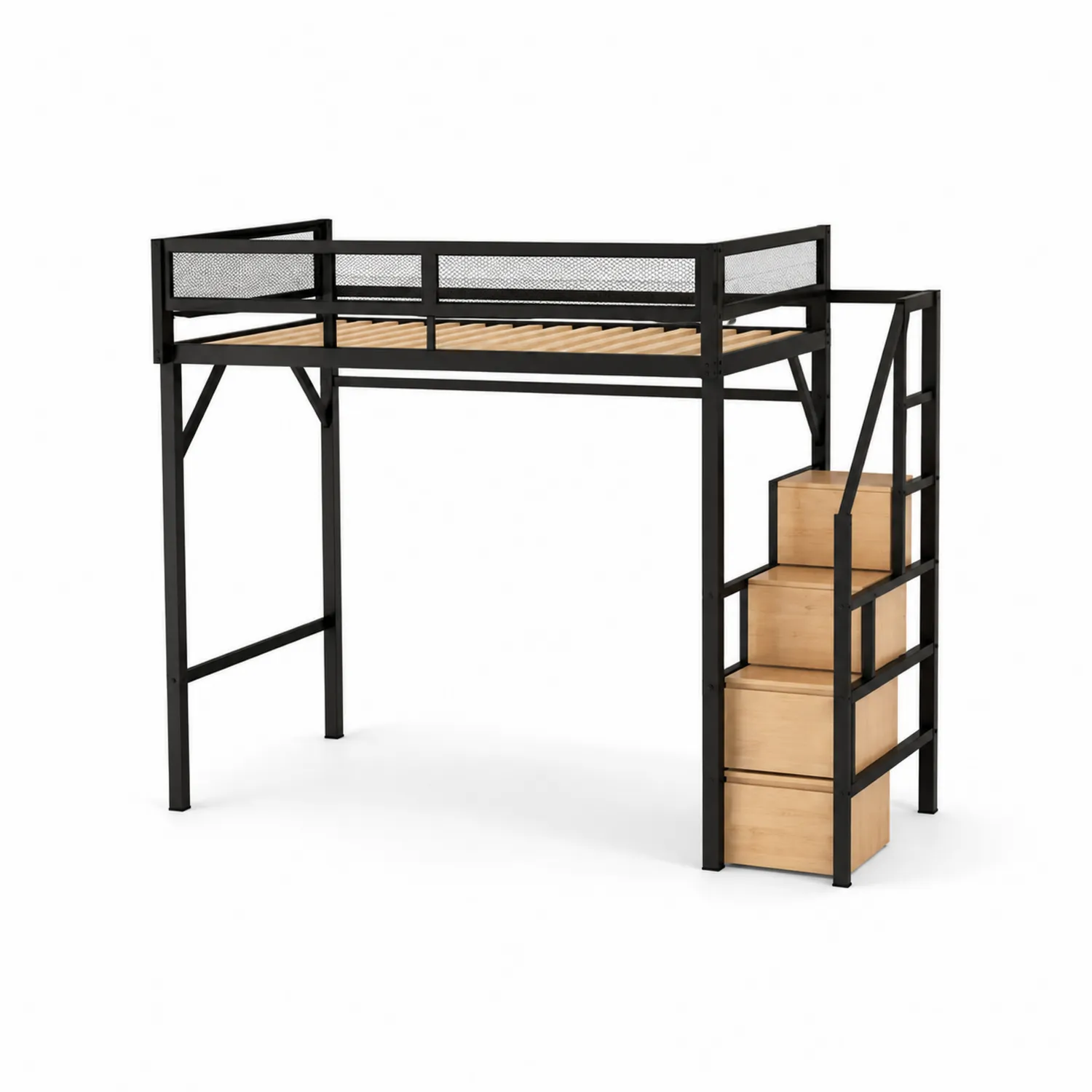 Metall Hochbett mit Holzstufen Schwarz 200x90 cm