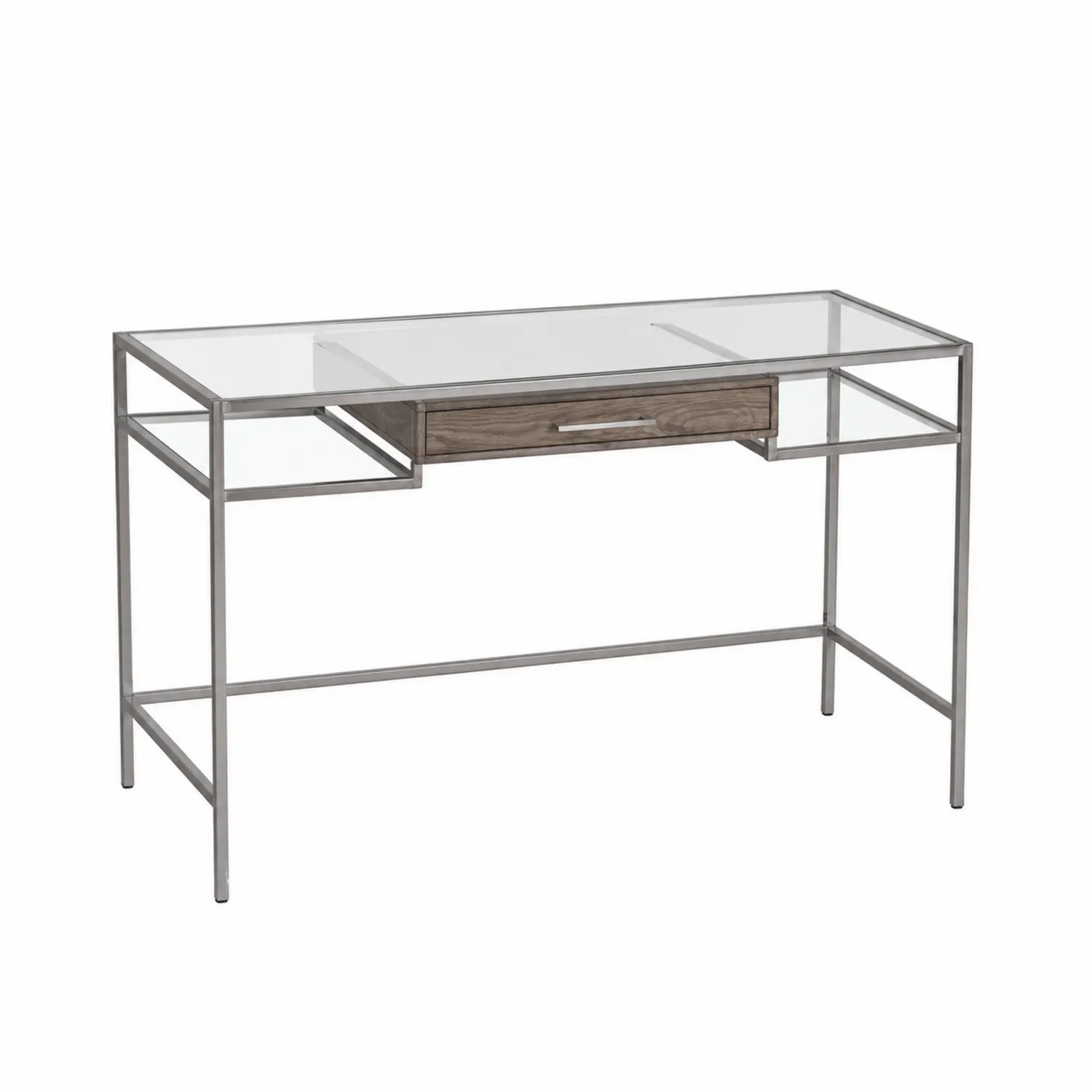 Schreibtisch aus Glas und Edelstahl mit Holzschublade