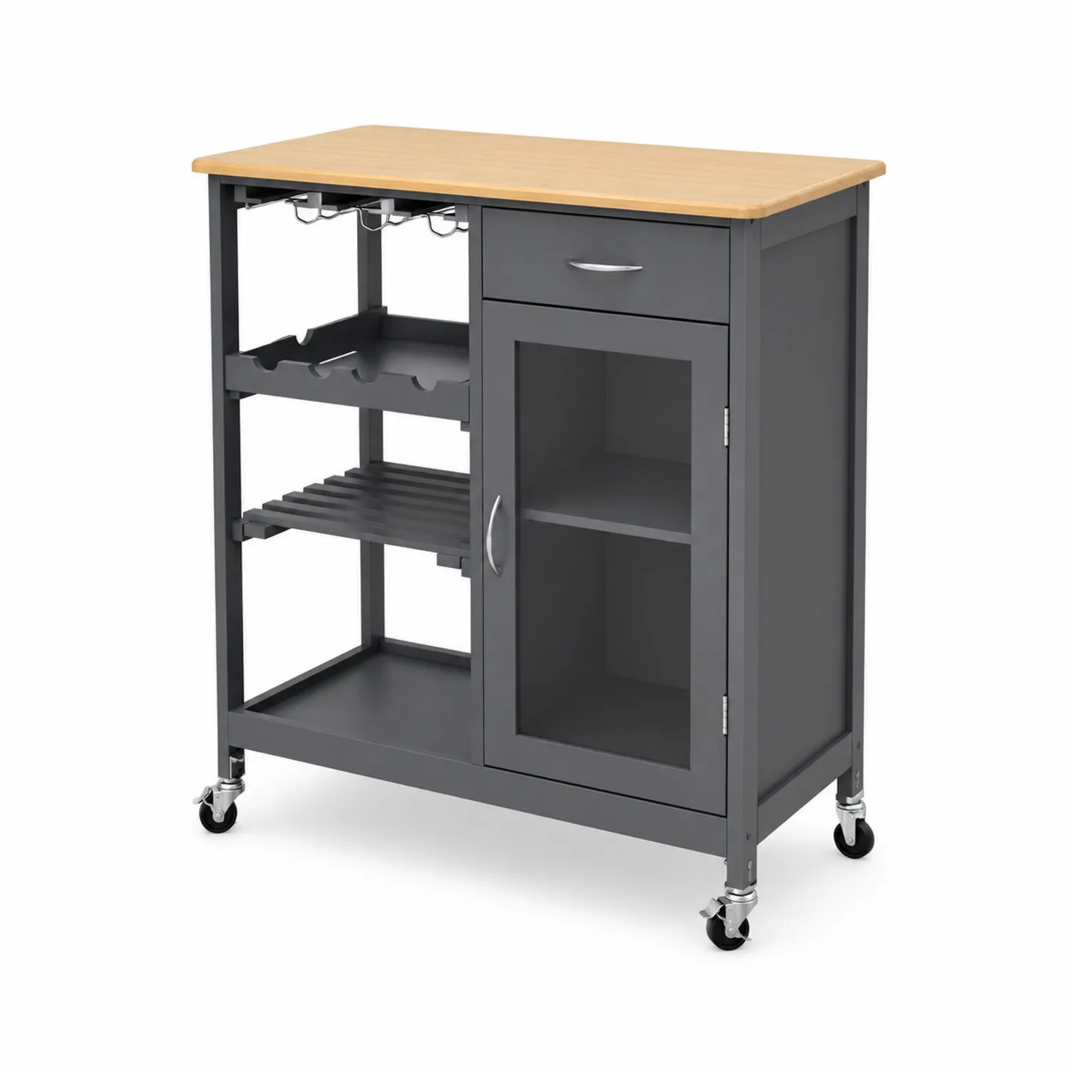 Küchenwagen mit Schublade und Schrank aus Holz und Glas, Grau, 90x40x85 cm