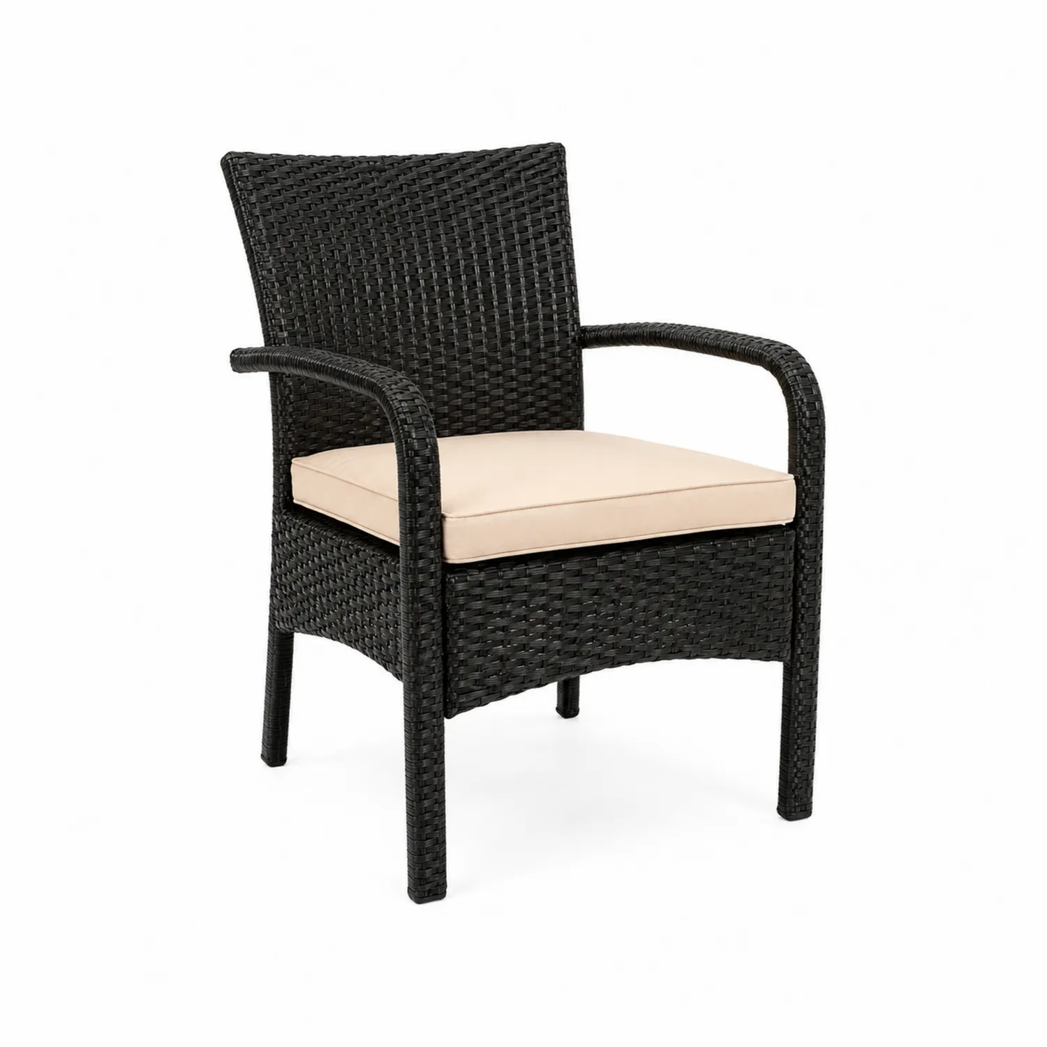 Gartenstuhl mit Armlehnen aus Rattan Schwarz mit beigem Kissen