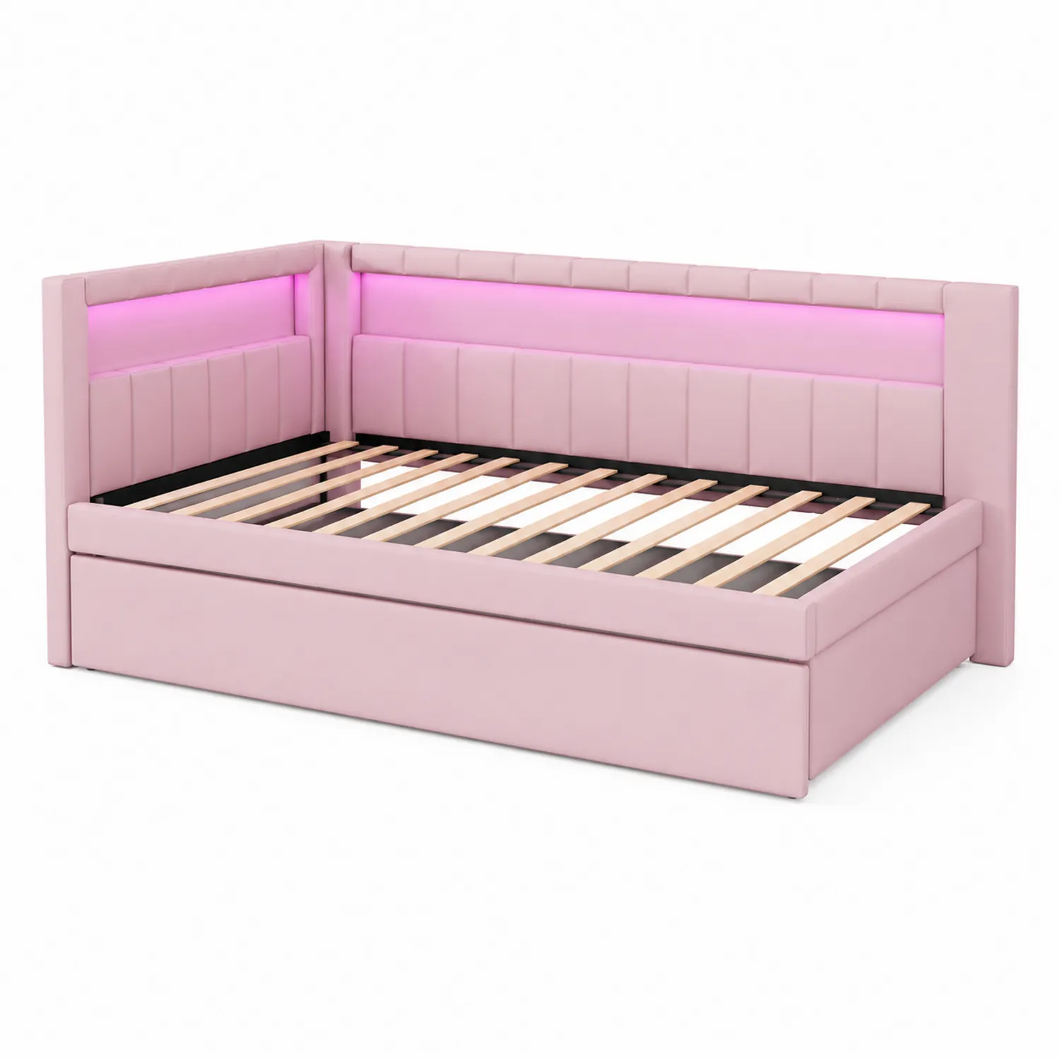 Eckbett Rosa Kunstleder mit LED 200x90 cm