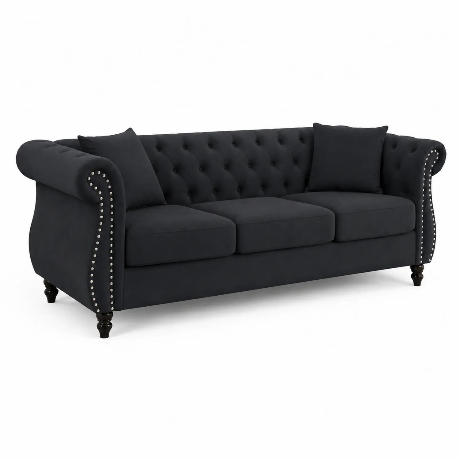 3-Sitzer Sofa Schwarz Samt Holz