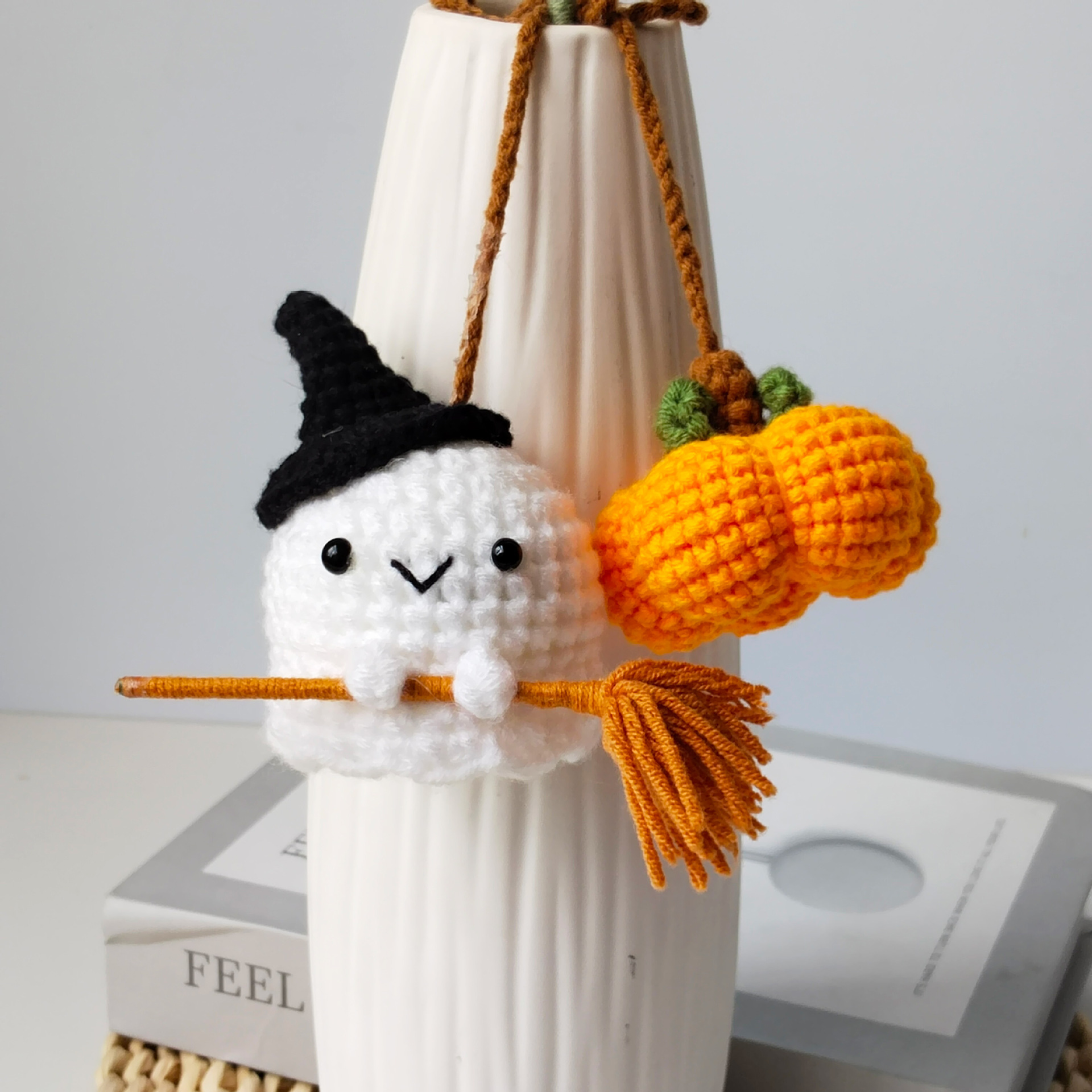 Handmade Crochet Ghost & Pumpkin Car Charm – Cute Halloween fall spooky season rear view mirror hanging amigurumi.👻⚡