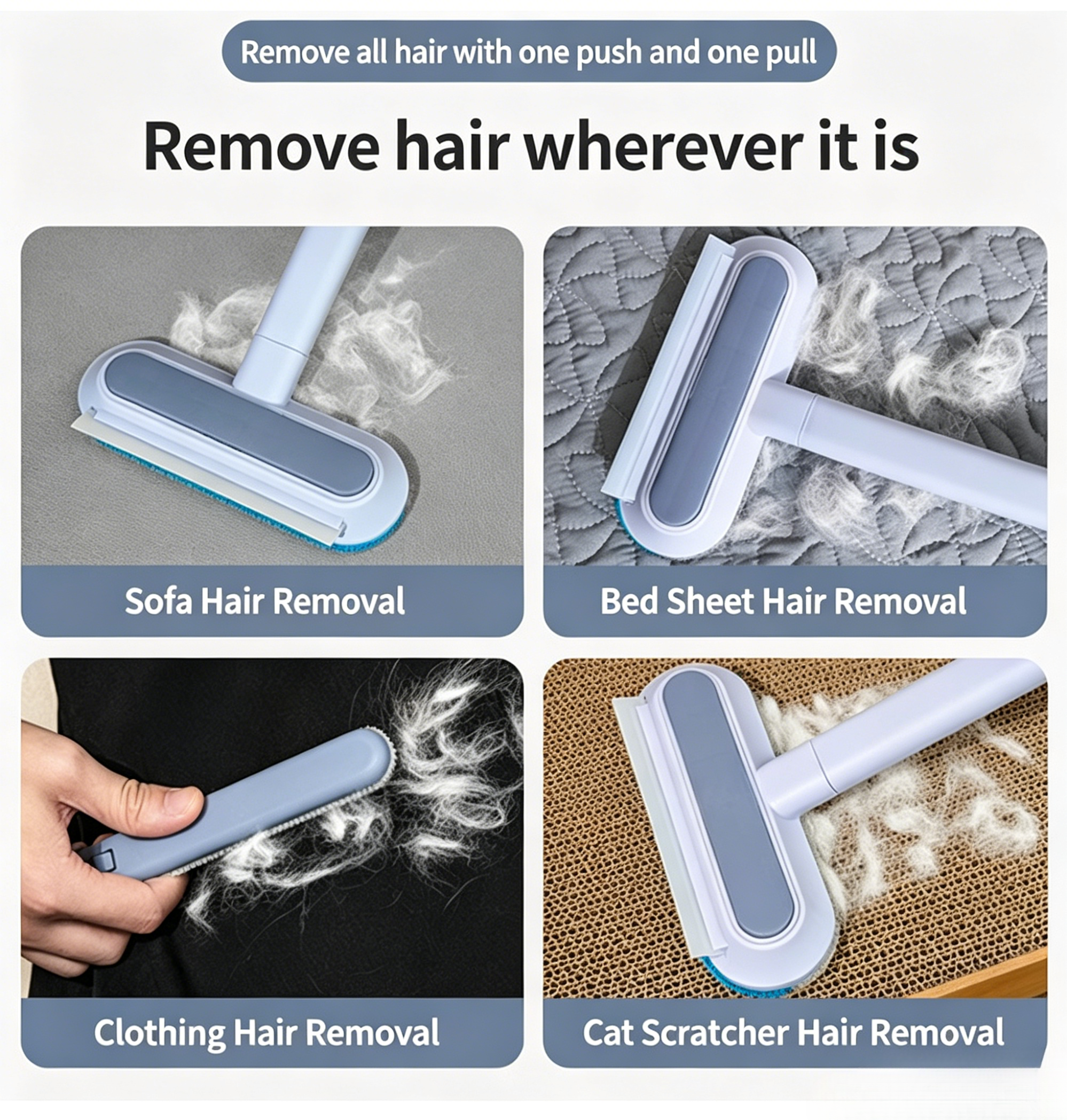 3-in-1 Dual-Sided Long Handle Pet Hair Remover Brush, Reusable Lint & Fur Cleaner Tool for Cat Dog Hair, Efficient Hair Removal for Carpet, Couch, Bed, Sofa & Home Fabric Surfaces