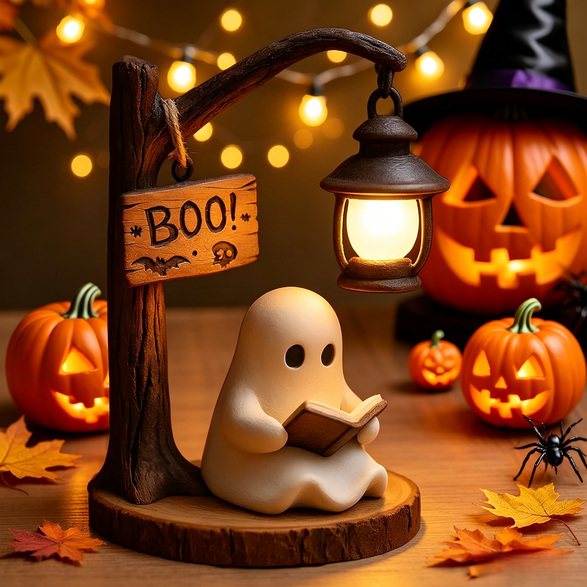 👻Handmade Resin Reading Ghost Night Light | Boo Halloween Mini Lamp