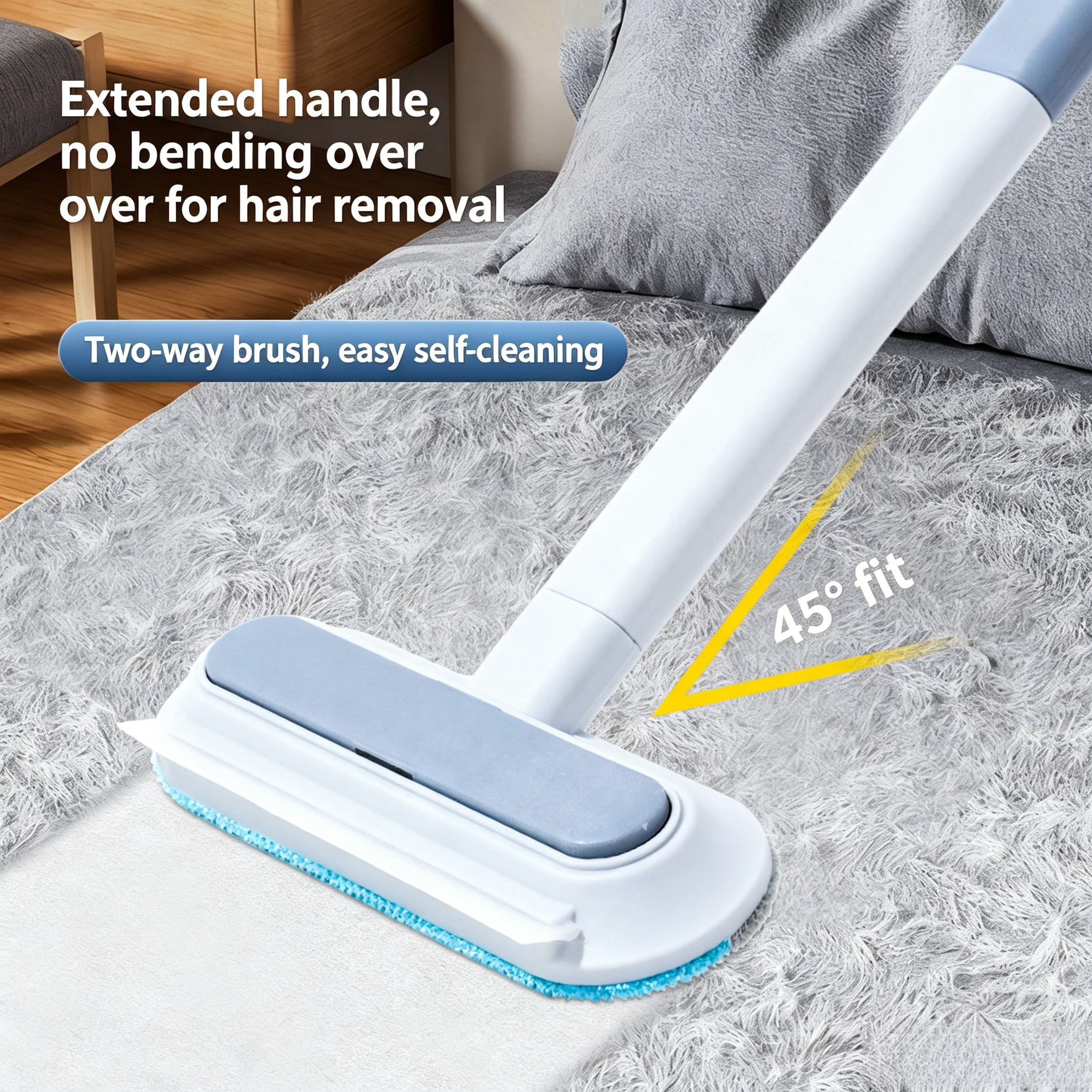 3-in-1 Dual-Sided Long Handle Pet Hair Remover Brush, Reusable Lint & Fur Cleaner Tool for Cat Dog Hair, Efficient Hair Removal for Carpet, Couch, Bed, Sofa & Home Fabric Surfaces
