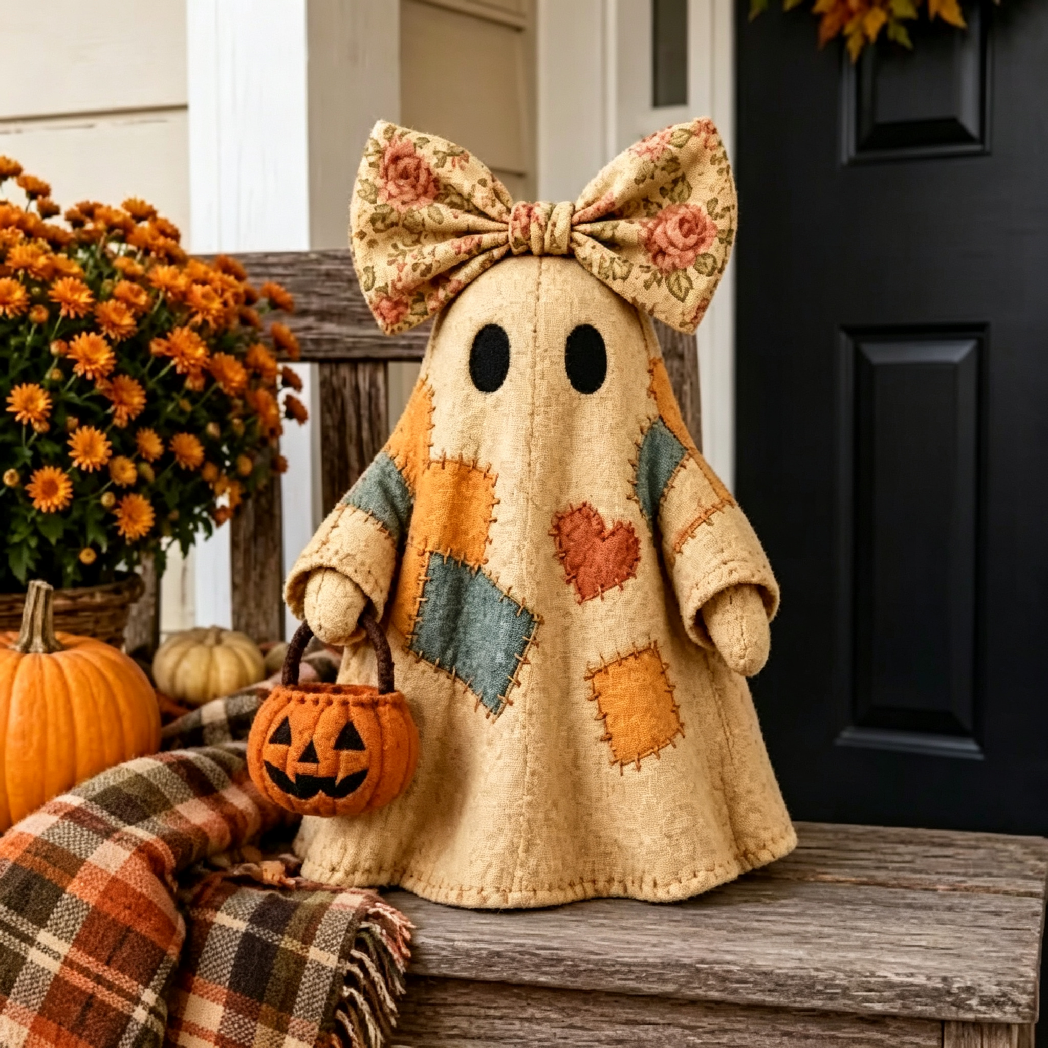 🎃✨Beleuchteter Vintage Patchwork-Geist – Halloween Deko mit warmem Licht, Batteriebetrieb, Farmhouse-Stil