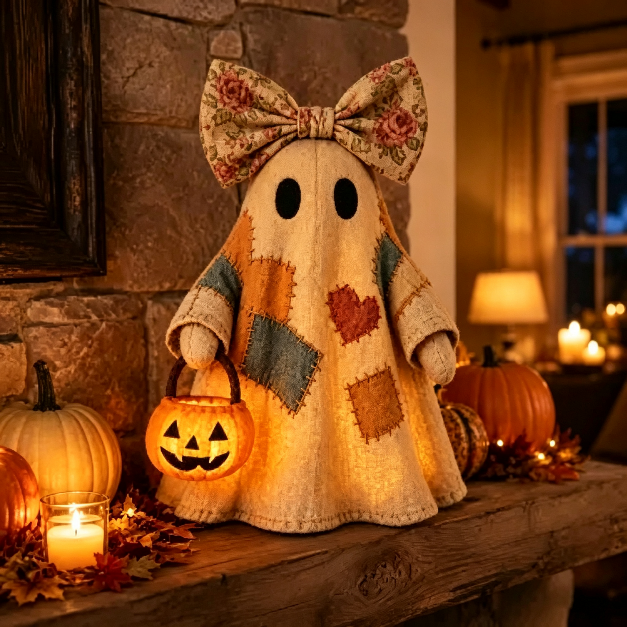 🎃✨Beleuchteter Vintage Patchwork-Geist – Halloween Deko mit warmem Licht, Batteriebetrieb, Farmhouse-Stil