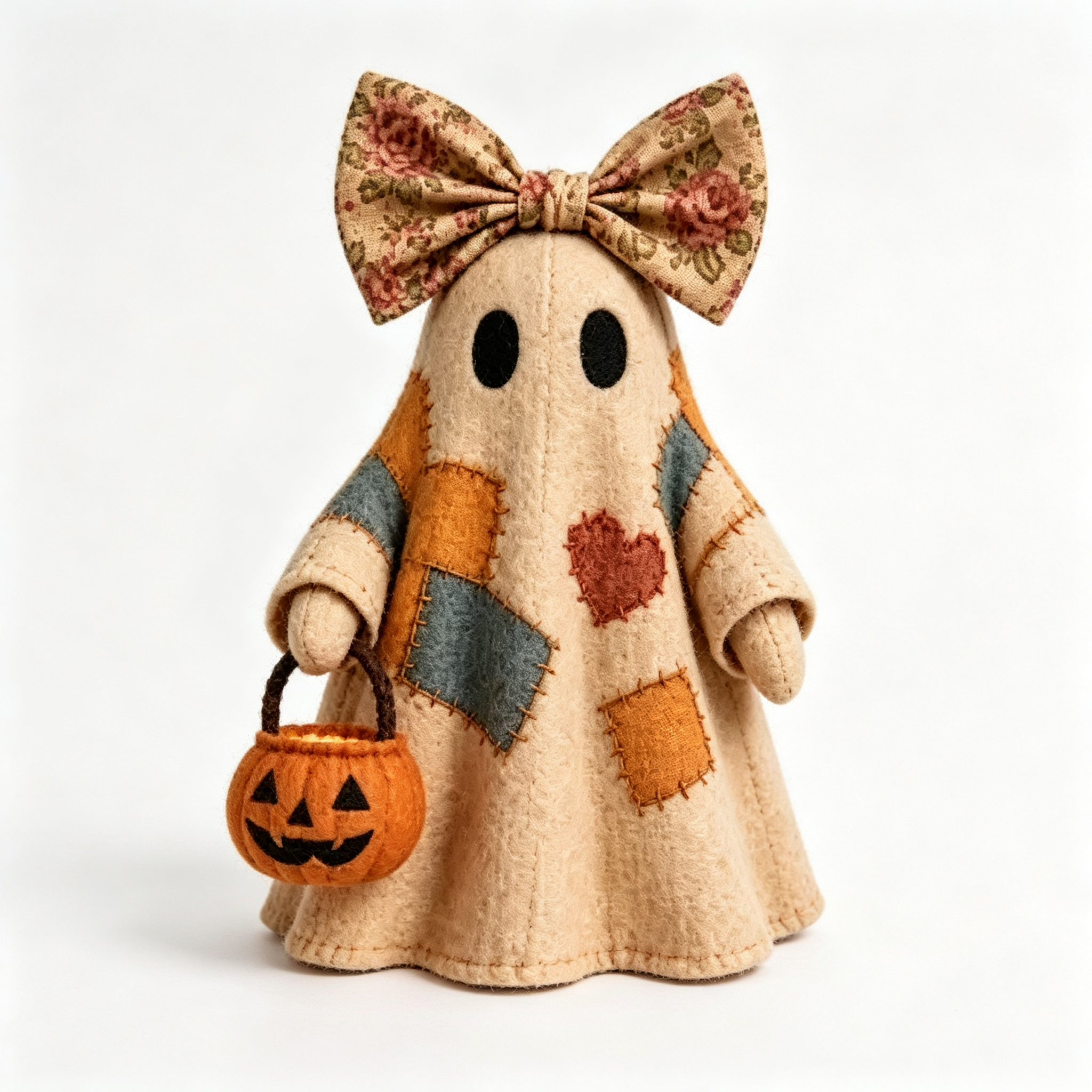 🎃✨Beleuchteter Vintage Patchwork-Geist – Halloween Deko mit warmem Licht, Batteriebetrieb, Farmhouse-Stil