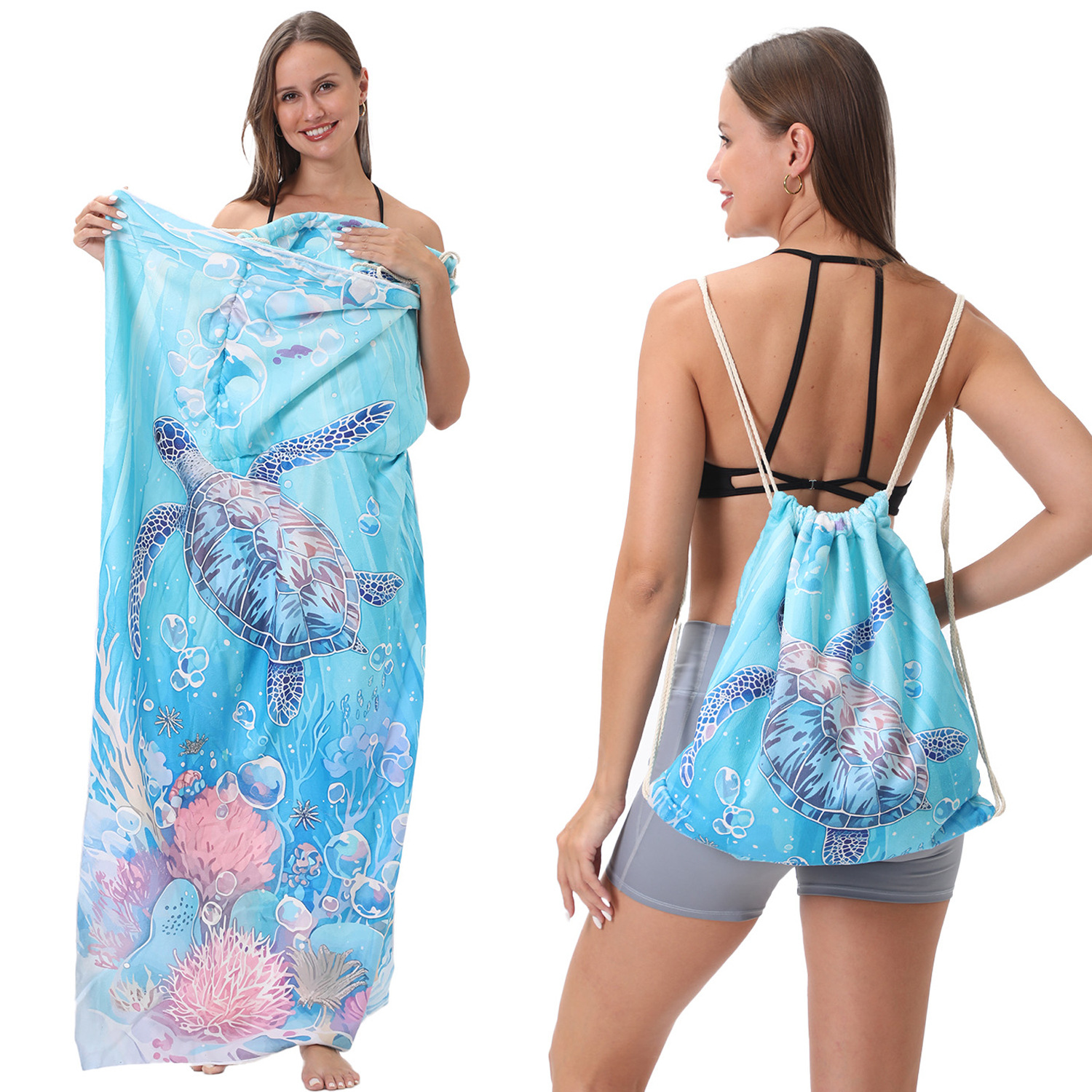2-IN-1 Foldable Beach Towel Drawstring Backpack