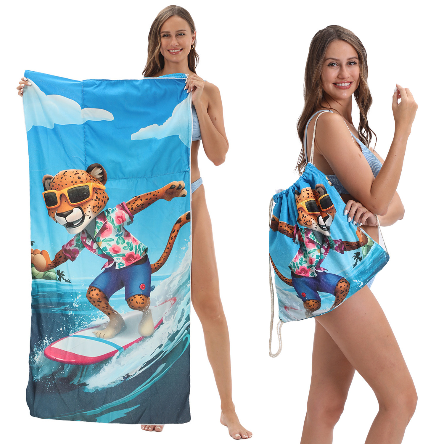 2-IN-1 Foldable Beach Towel Drawstring Backpack