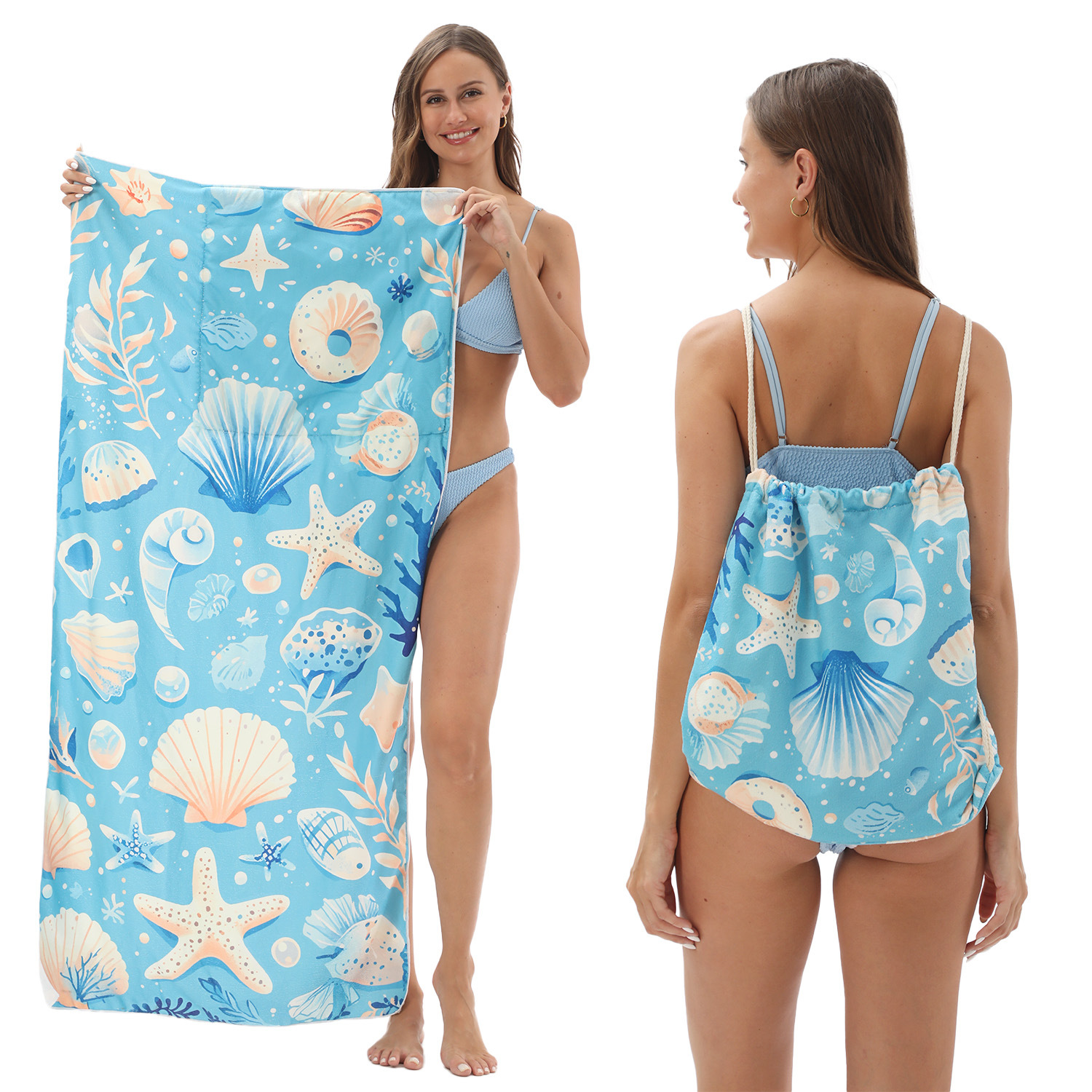 2-IN-1 Foldable Beach Towel Drawstring Backpack