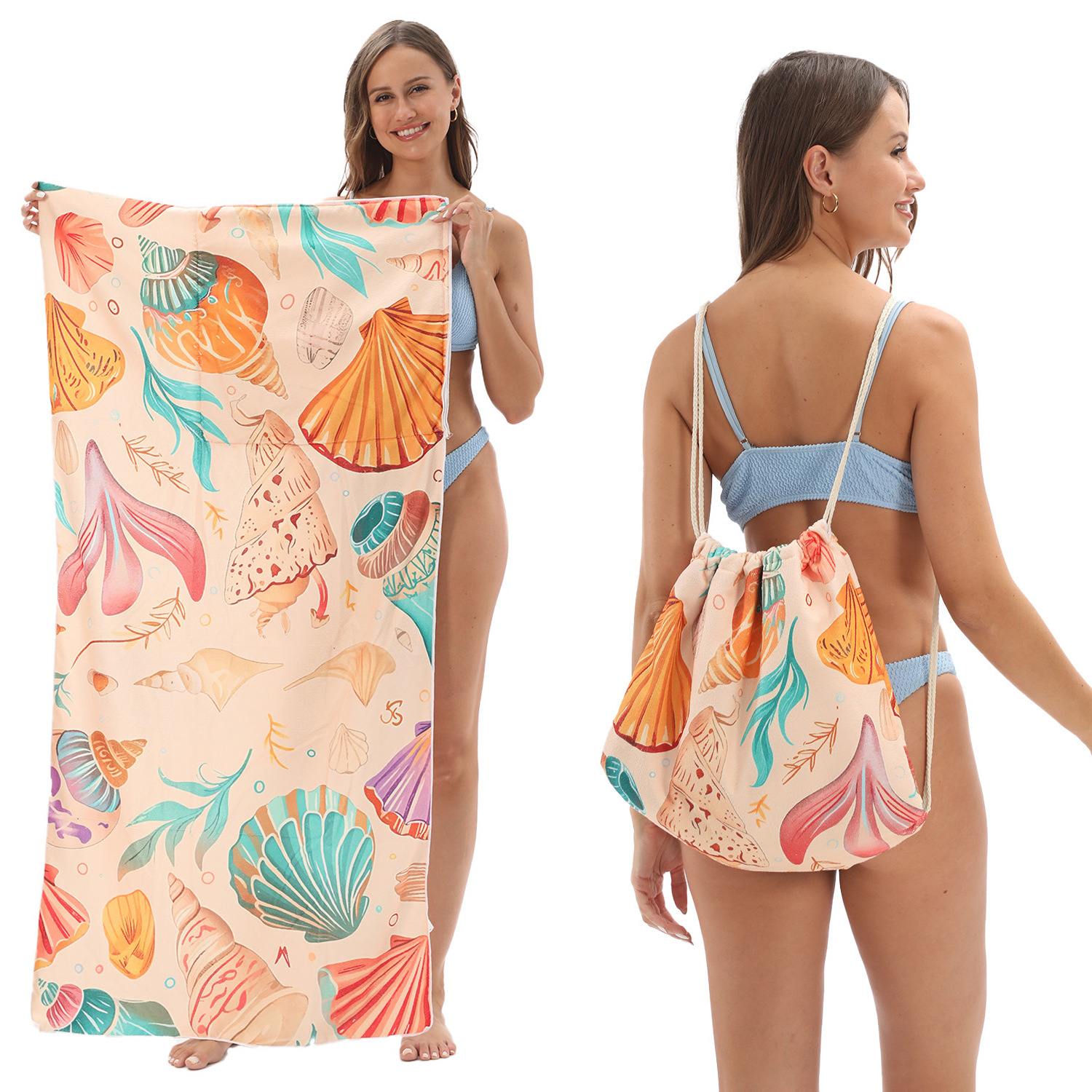 2-IN-1 Foldable Beach Towel Drawstring Backpack